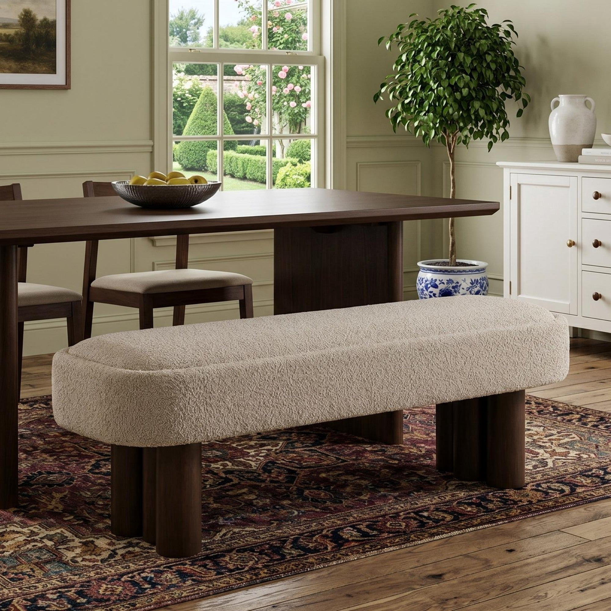 Sailvan 60" Boucle Dining Bench,Upholstered Kitchen Seating with Walnut Legs,Modern Indoor Bench for Entryway and Living Room khaki
