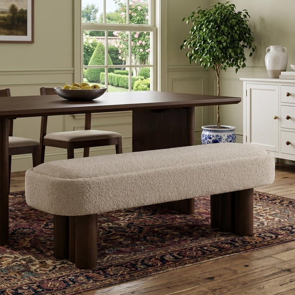 Sailvan 60" Boucle Dining Bench,Upholstered Kitchen Seating with Walnut Legs,Modern Indoor Bench for Entryway and Living Room khaki