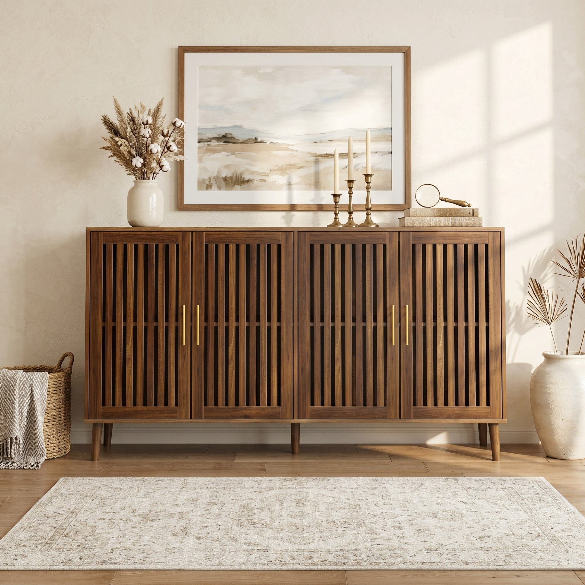Sailvan 63" Walnut Sideboard Buffet Cabinet, Grille-Striped 4-Door Accent Cabinet