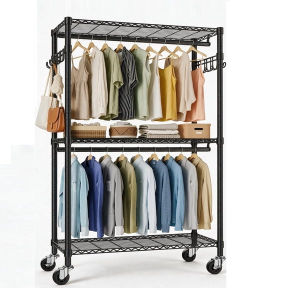 Sailvan 640LBS Heavy Duty Rolling Clothes Rack, 47" Garment Rack with Wheels, Metal Freestanding Portable Closet, 2 Hanging Rods & 3 Shelves,Black