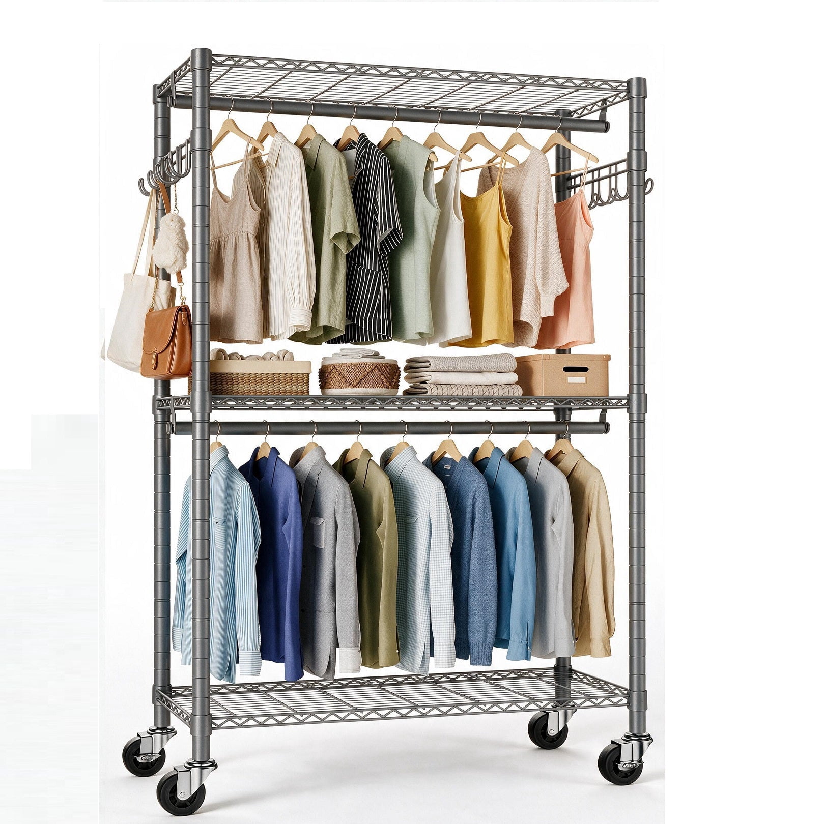 Sailvan 640LBS Heavy Duty Rolling Clothes Rack, 47" Garment Rack with Wheels, Metal Freestanding Portable Closet, 2 Hanging Rods & 3 Shelves,Gray