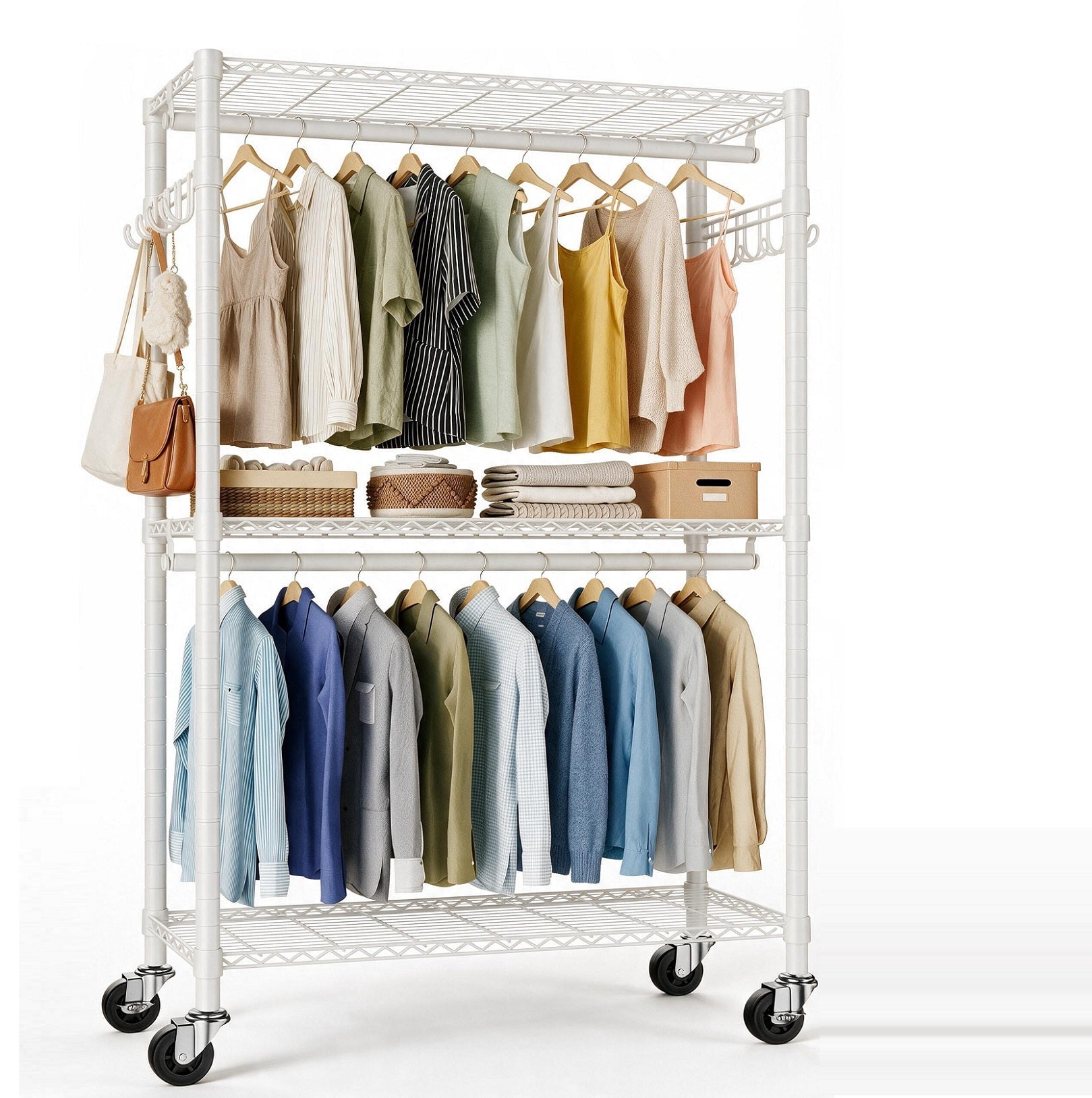 Sailvan 640LBS Heavy Duty Rolling Clothes Rack, 47" Garment Rack with Wheels, Metal Freestanding Portable Closet, 2 Hanging Rods & 3 Shelves,White