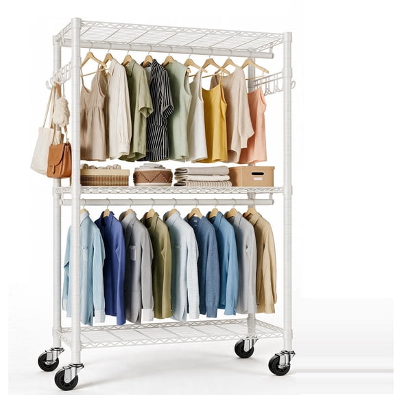 Sailvan 640LBS Heavy Duty Rolling Clothes Rack, 47" Garment Rack with Wheels, Metal Freestanding Portable Closet, 2 Hanging Rods & 3 Shelves,White