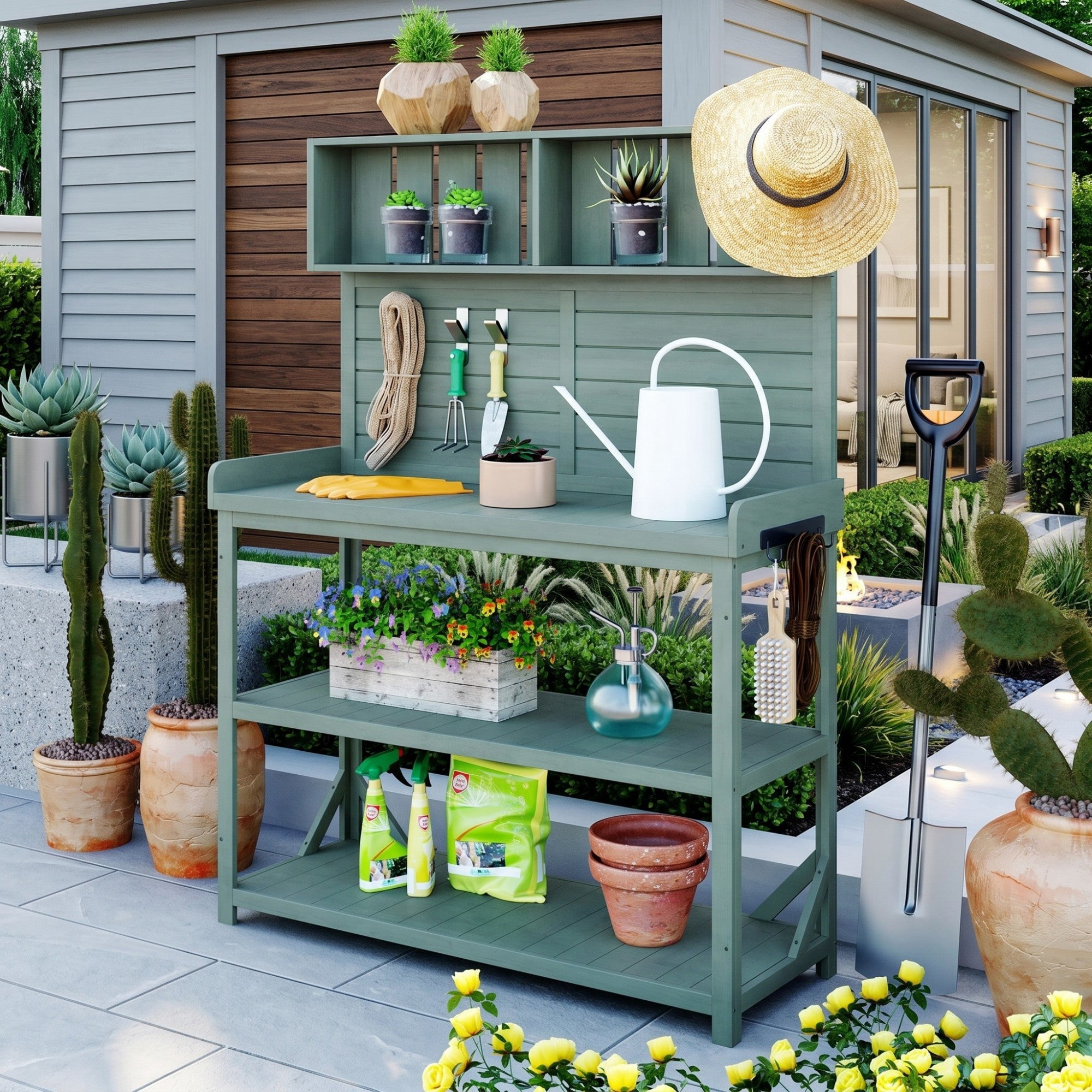 Sailvan 65" Farmhouse Wooden Outdoor Potting Bench Table,Large Patio Kitchen Island Garden Workstation with 4 Shelves and Hooks,Fir Wood Green