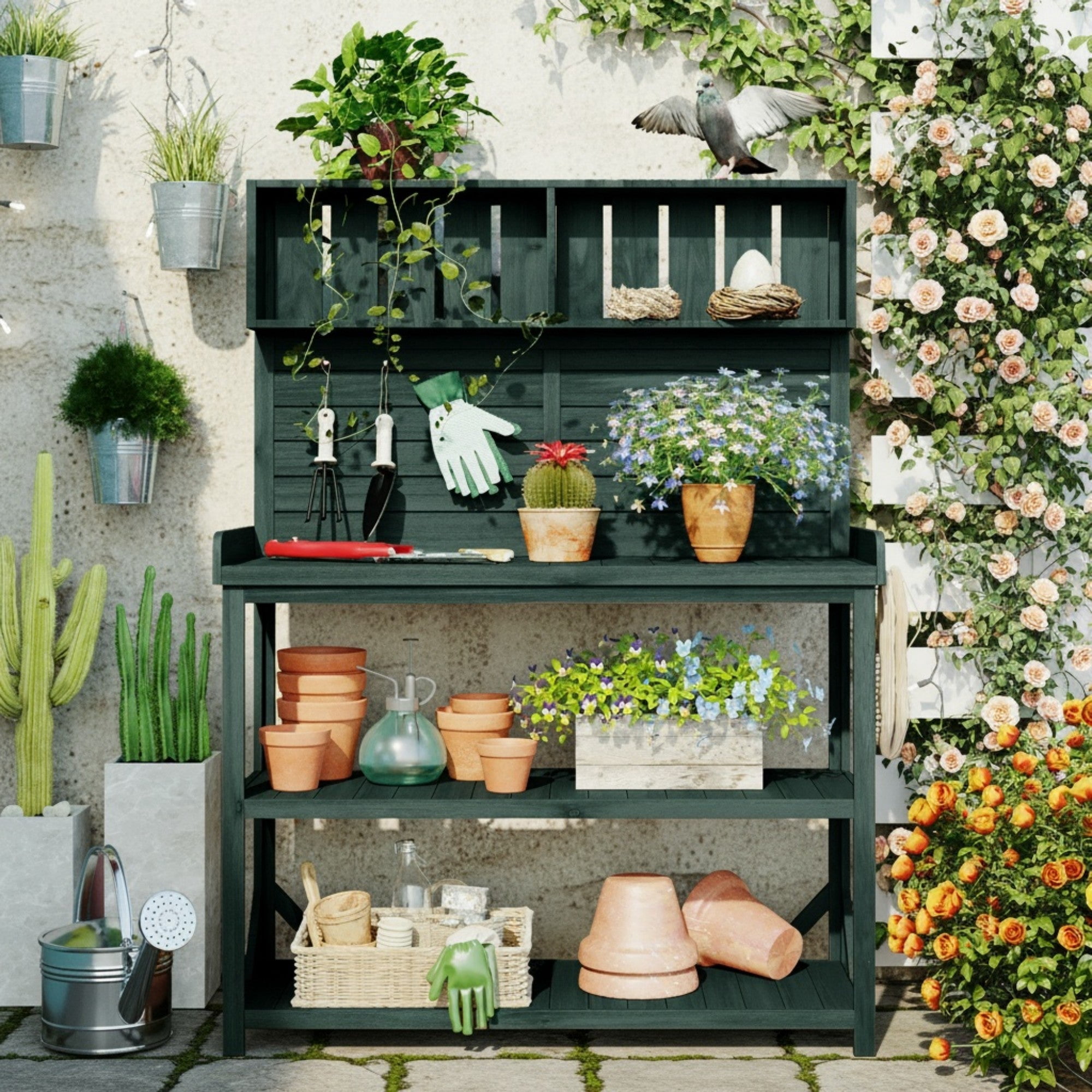 Sailvan 65" Farmhouse Wooden Outdoor Potting Bench Table,Large Patio Kitchen Island Garden Workstation with 4 Shelves and Hooks,Fir Wood Green