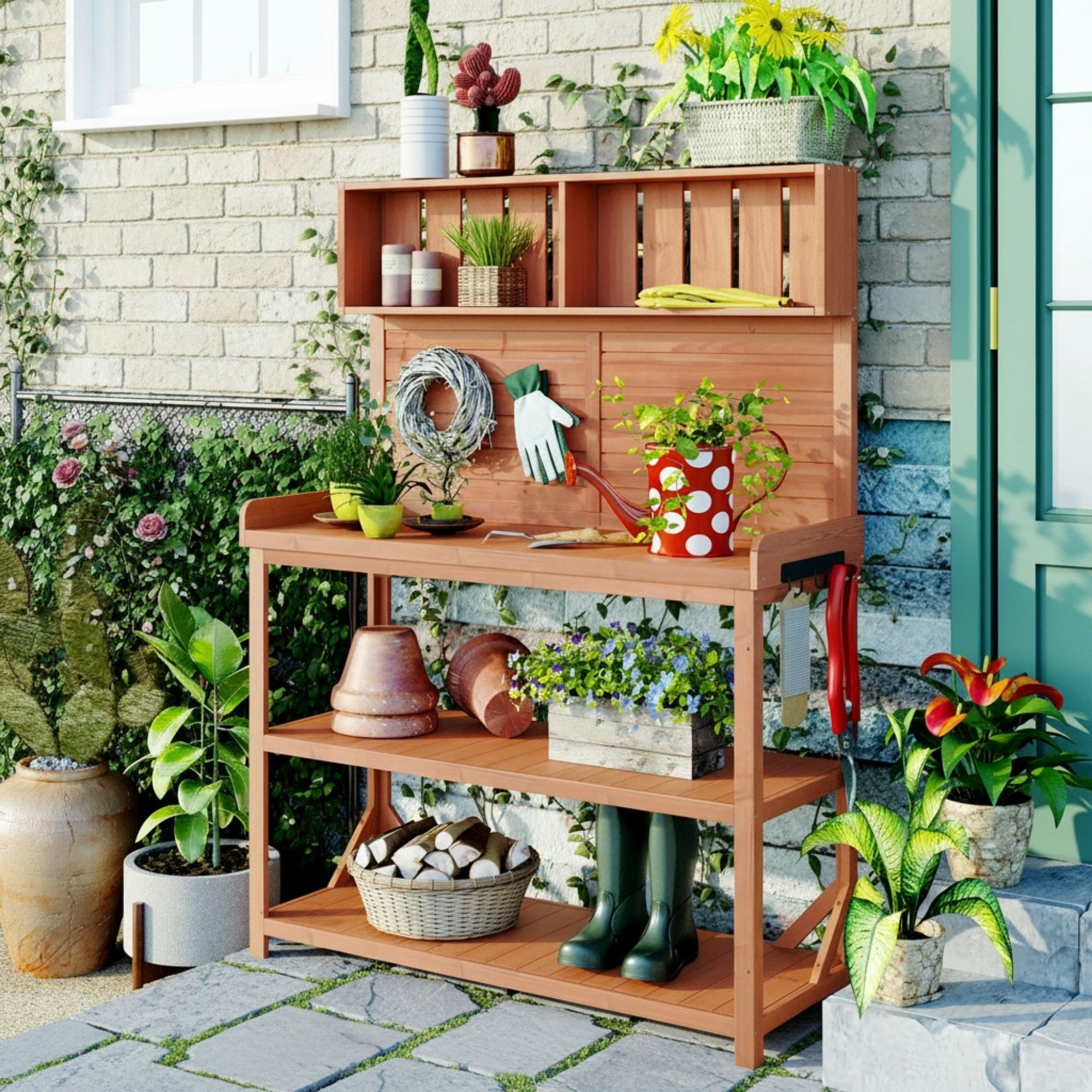 Sailvan 65" Farmhouse Wooden Outdoor Potting Bench Table,Large Patio Kitchen Island Garden Workstation with 4 Shelves and Hooks,Fir Wood Natural