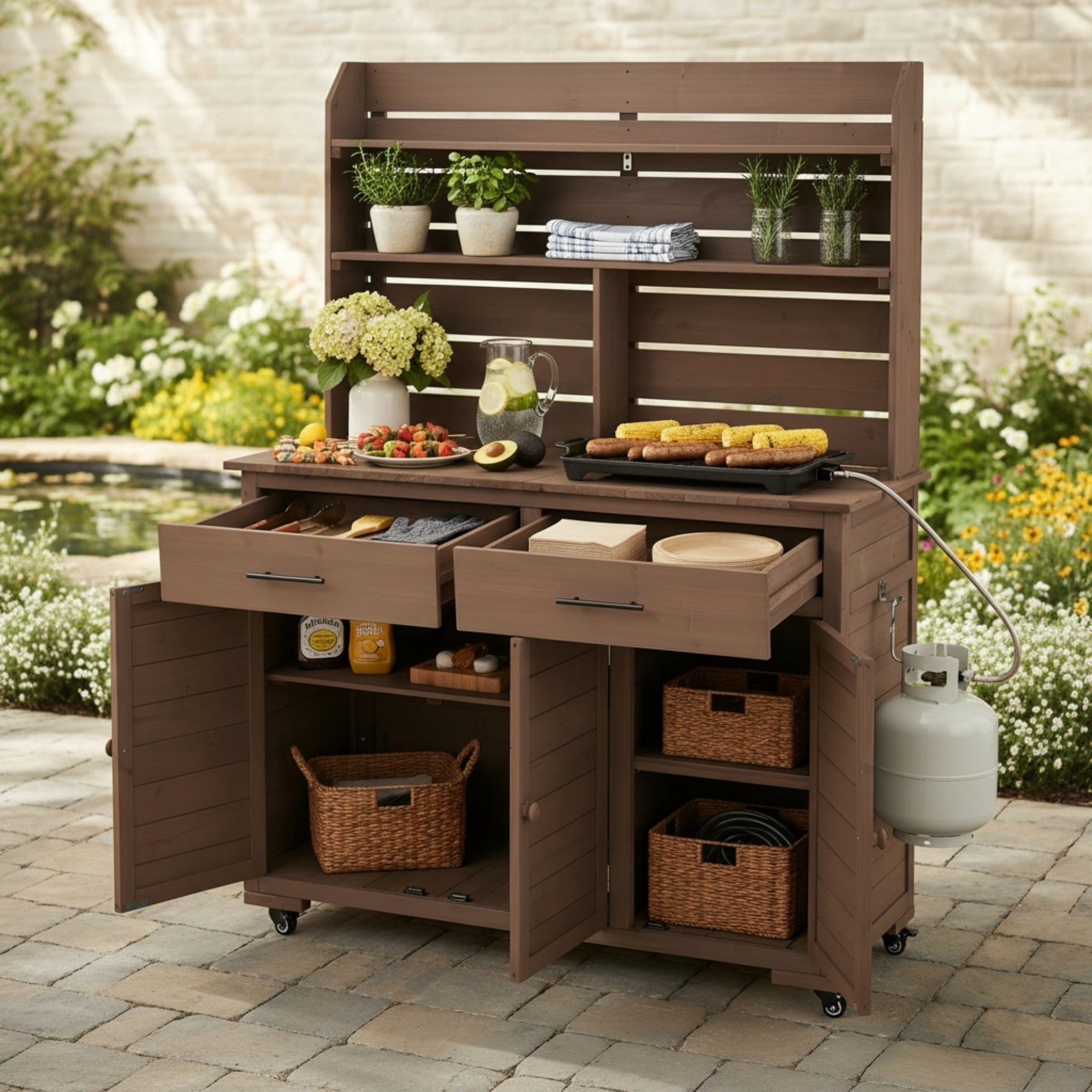 Sailvan 65''H Wood Patio Kitchen Island & Garden Potting Bench,Outdoor Grill Prep Cart with Storage Cabinet,Hutch Top and Wheels Brown