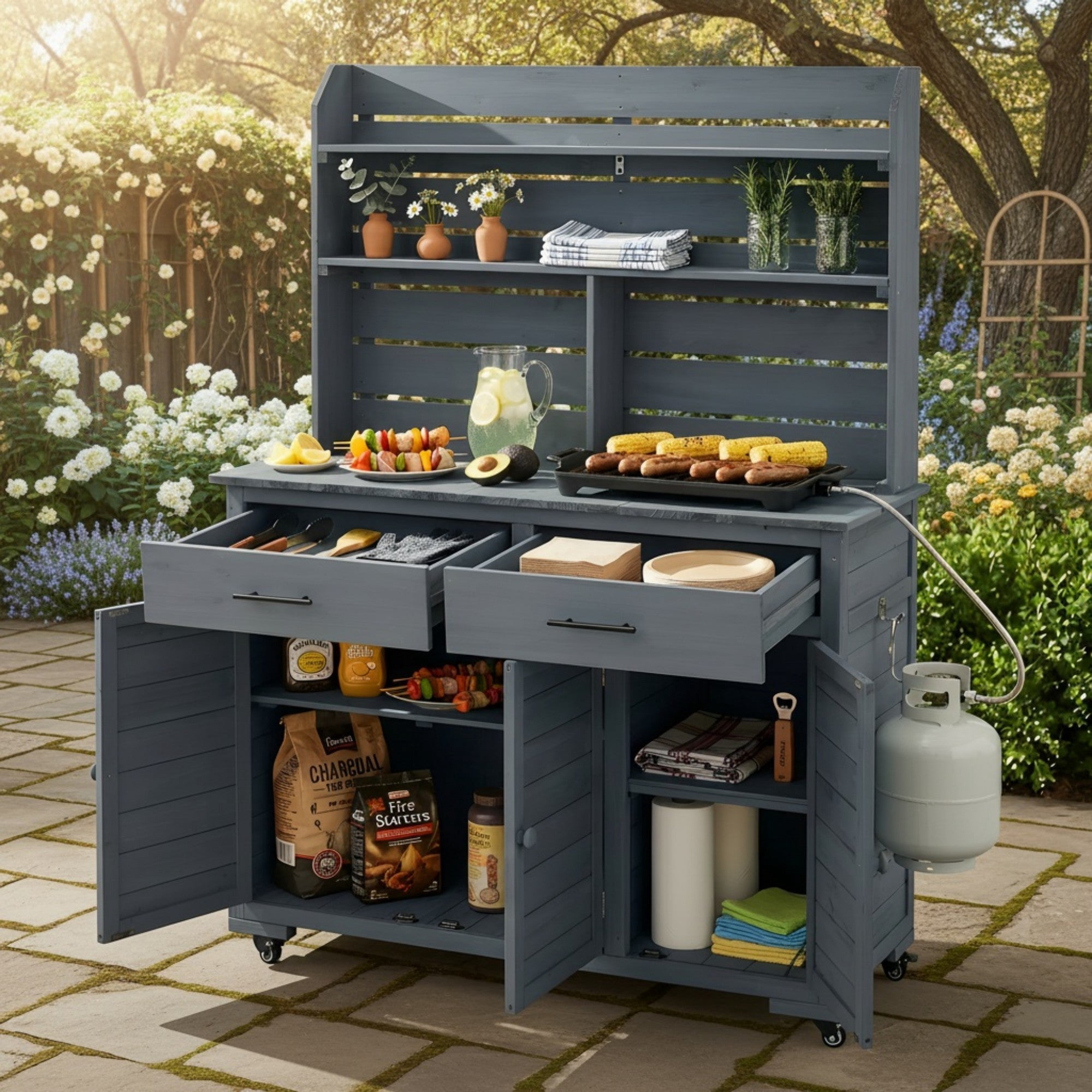 Sailvan 65''H Wood Patio Kitchen Island & Garden Potting Bench,Outdoor Grill Prep Cart with Storage Cabinet,Hutch Top and Wheels Gray