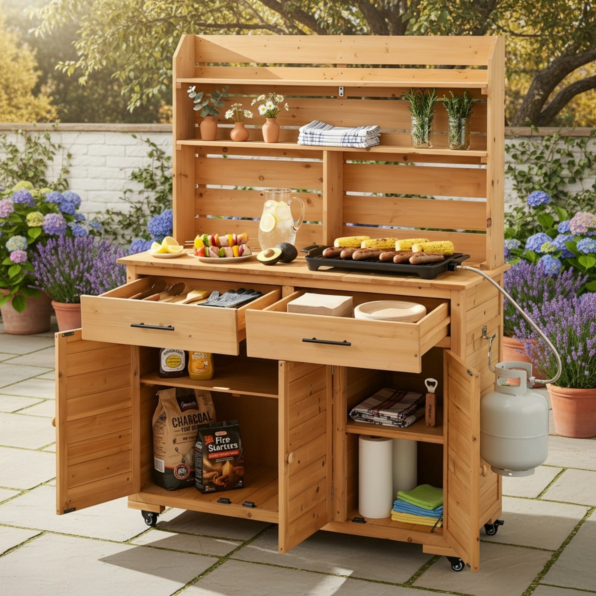 Sailvan 65''H Wood Patio Kitchen Island & Garden Potting Bench,Outdoor Grill Prep Cart with Storage Cabinet,Hutch Top and Wheels Natural Wood