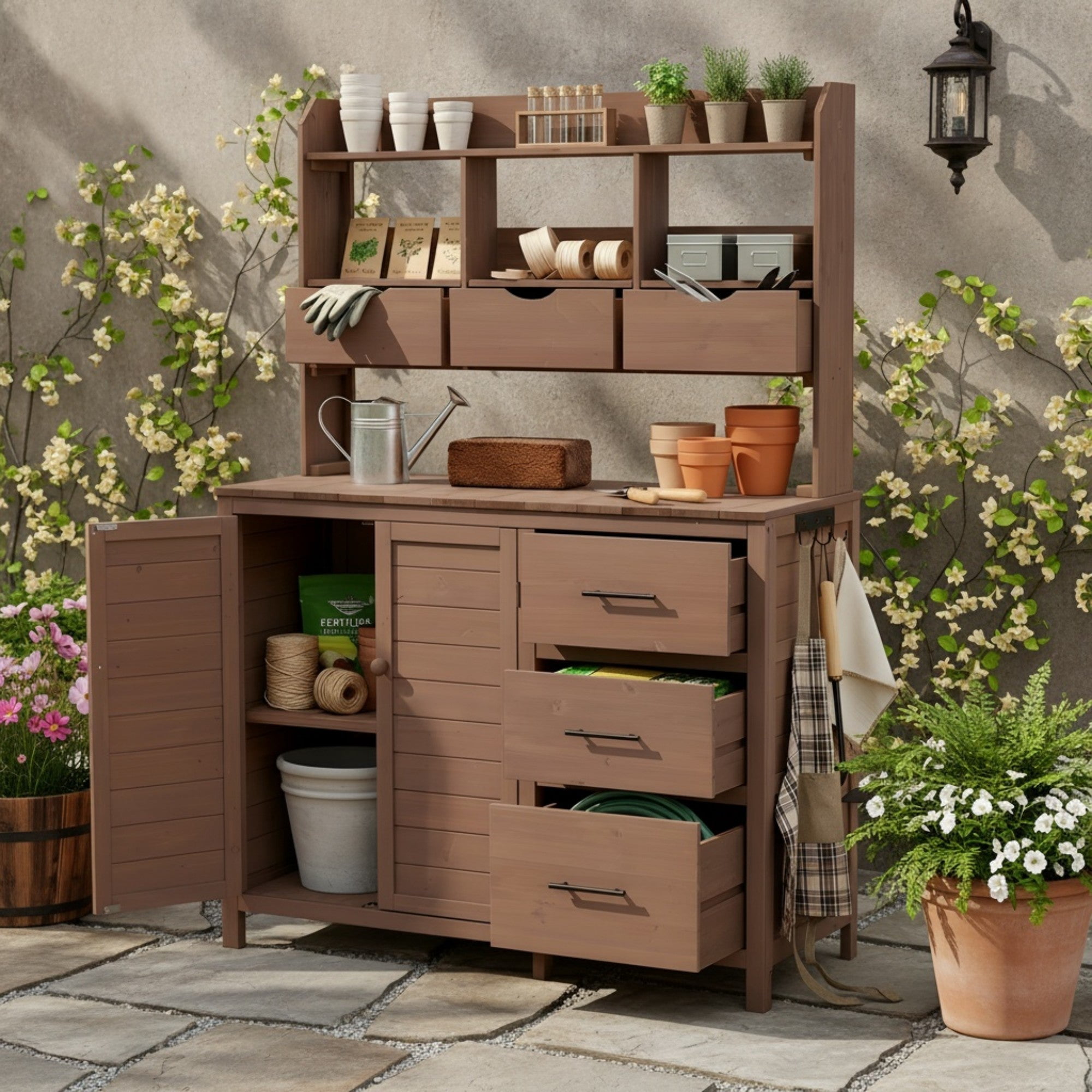 Sailvan 65" Solid Wood Patio Kitchen Island & Garden Potting Bench,Outdoor Grill Prep Station with 6 Drawers,Storage Cabinet and Hutch Brown