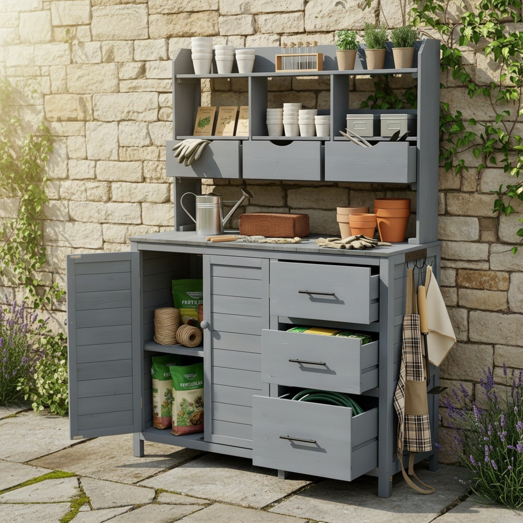 Sailvan 65" Solid Wood Patio Kitchen Island & Garden Potting Bench,Outdoor Grill Prep Station with 6 Drawers,Storage Cabinet and Hutch Gray