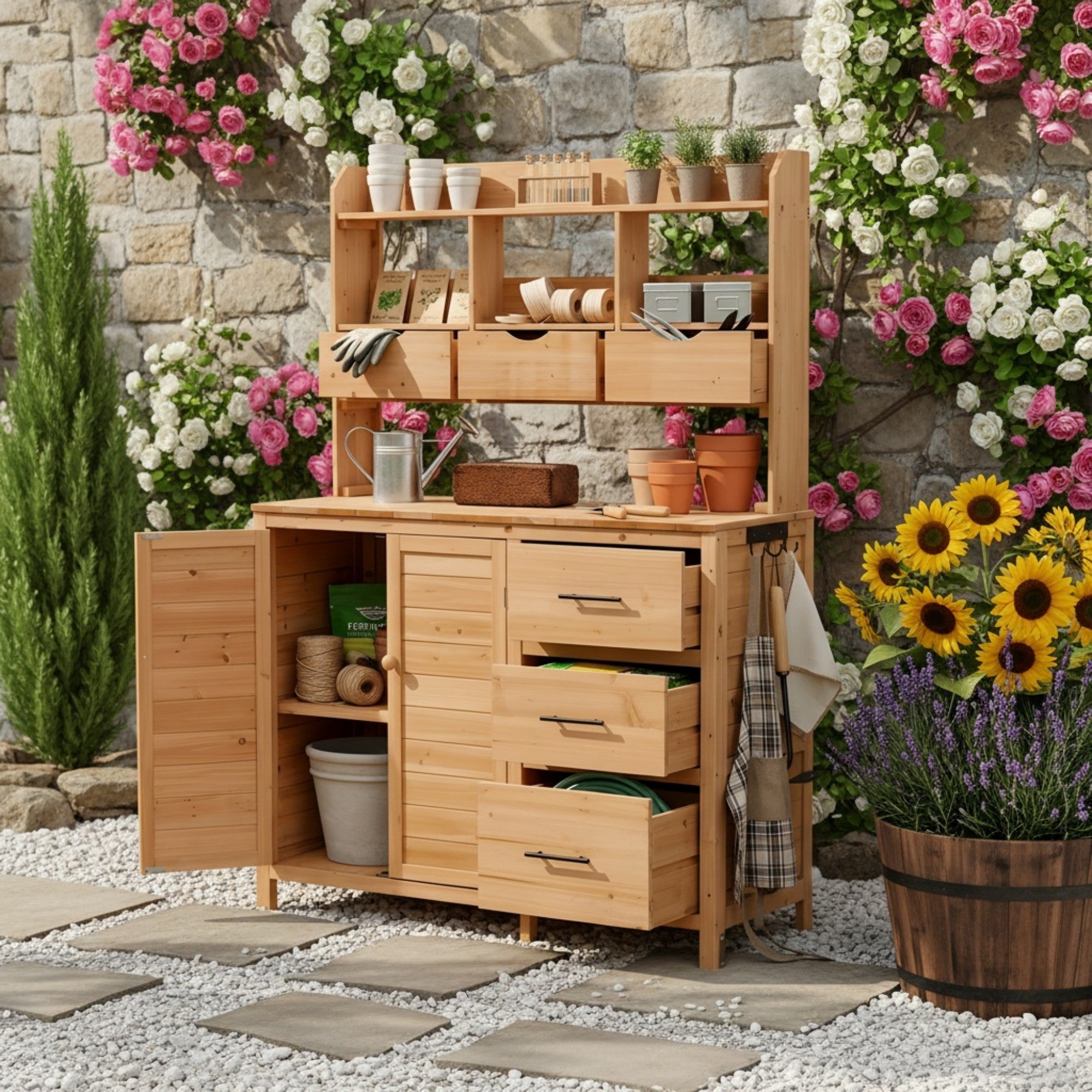 Sailvan 65" Solid Wood Patio Kitchen Island & Garden Potting Bench,Outdoor Grill Prep Station with 6 Drawers,Storage Cabinet and Hutch Natural Wood