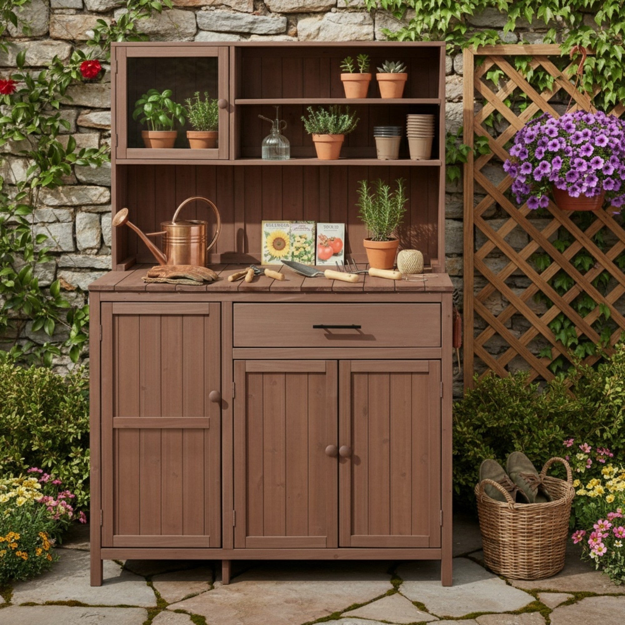 Sailvan 65" Solid Wood Patio Kitchen Island & Garden Potting Bench,Outdoor Grill Prep Station with Storage Cabinet,Hutch and Spice Rack Brown