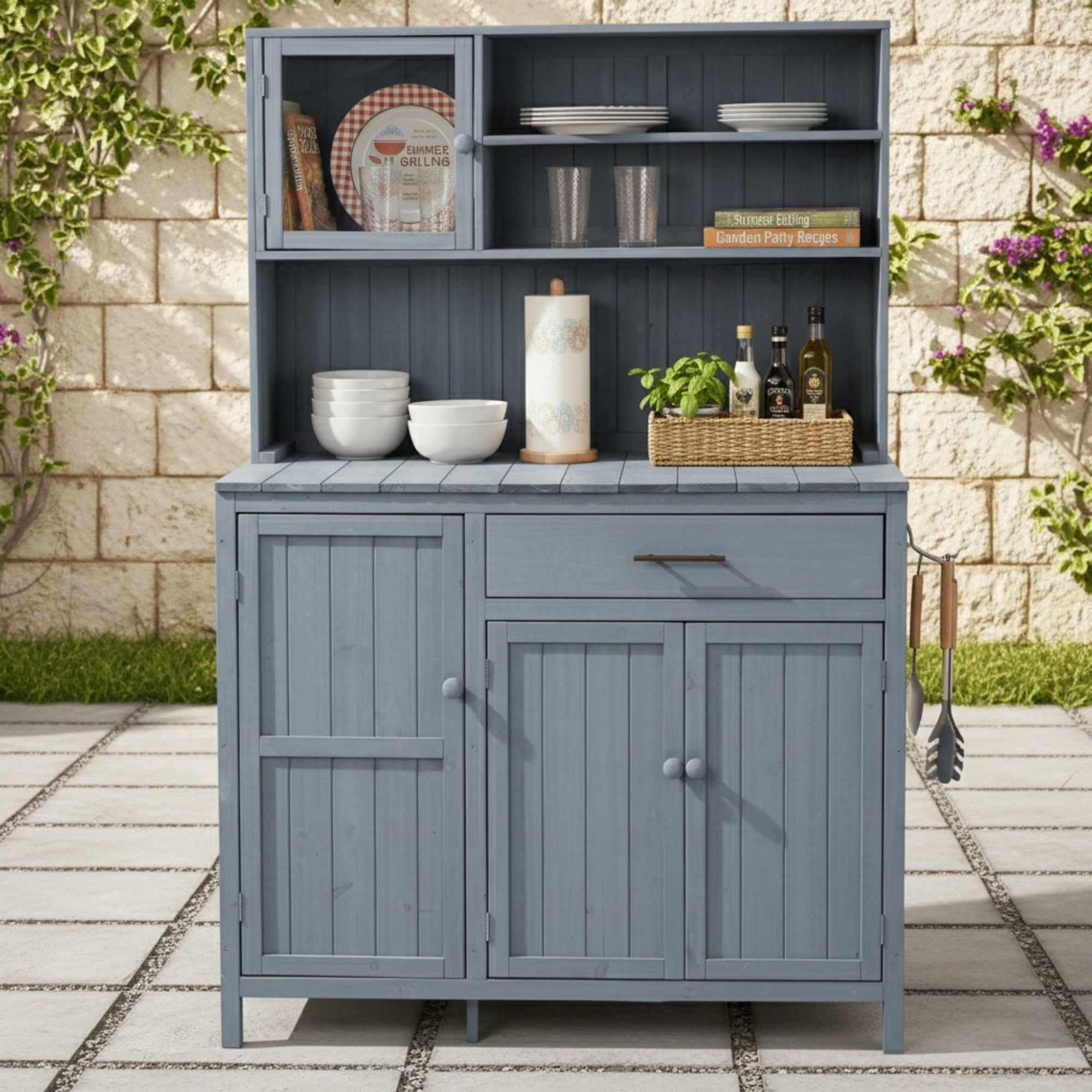 Sailvan 65" Solid Wood Patio Kitchen Island & Garden Potting Bench,Outdoor Grill Prep Station with Storage Cabinet,Hutch and Spice Rack Gray