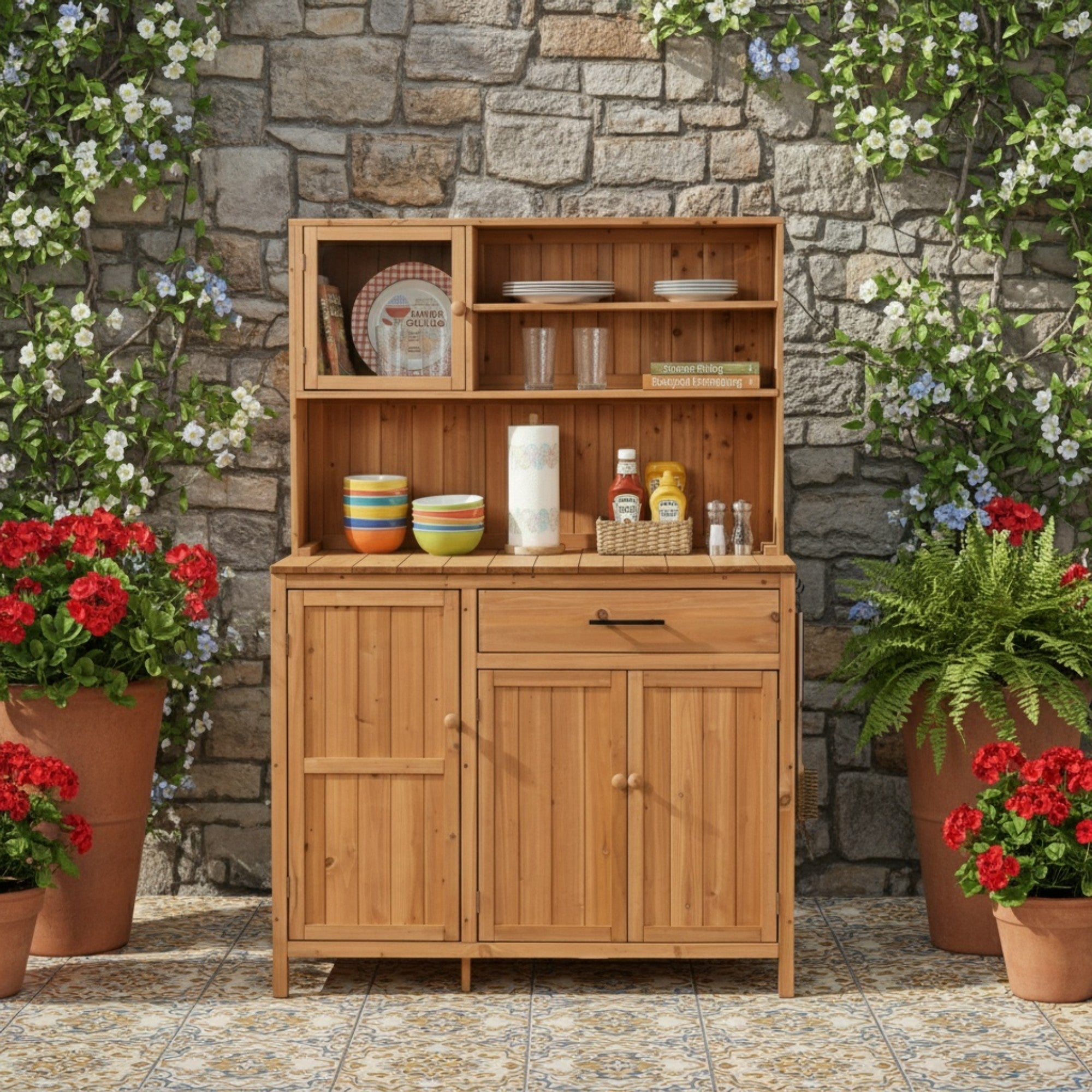 Sailvan 65" Solid Wood Patio Kitchen Island & Garden Potting Bench,Outdoor Grill Prep Station with Storage Cabinet,Hutch and Spice Rack Natural