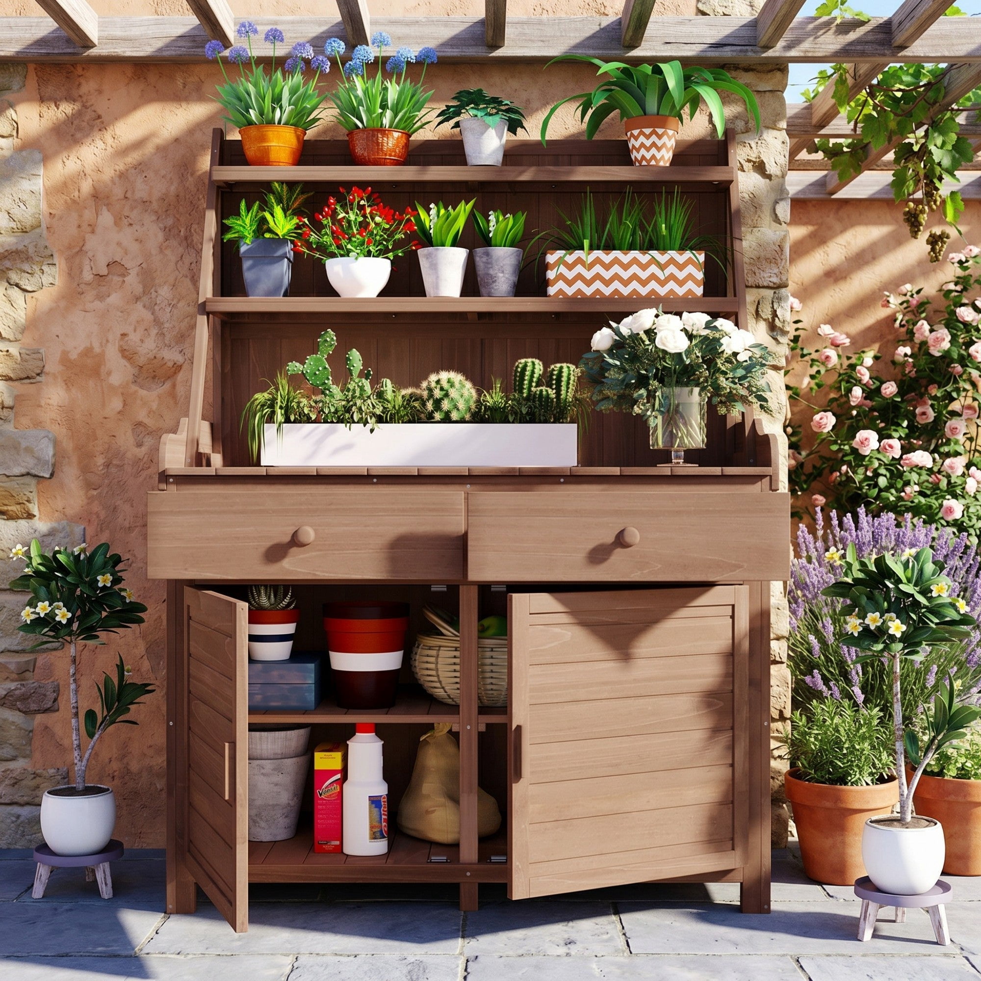Sailvan 65 inch Garden Potting Bench Table,Fir Wood Outdoor Workstation with Storage Cabinet,Drawers and 3 Tier Shelves,Rustic Patio Island Brown