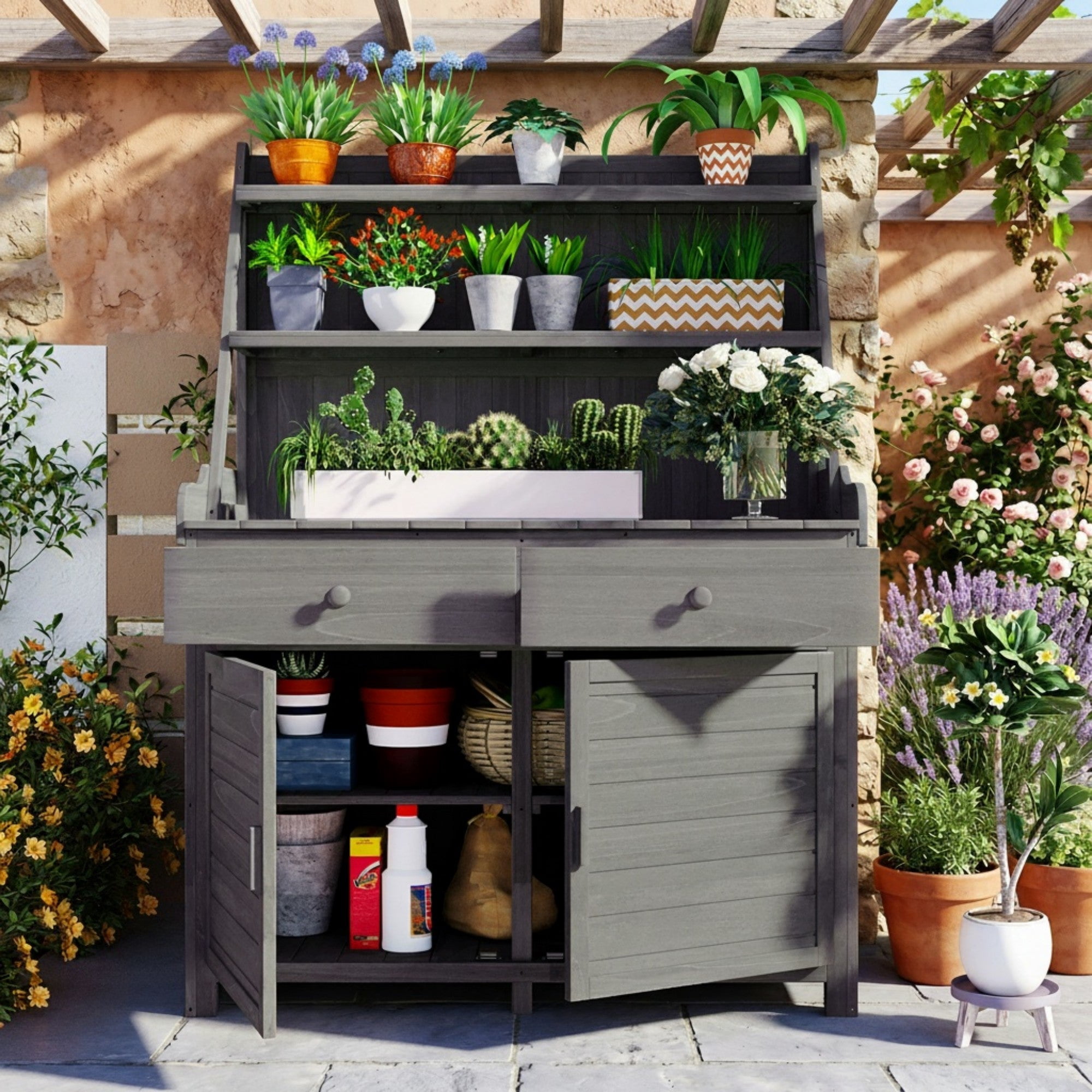 Sailvan 65 inch Garden Potting Bench Table,Fir Wood Outdoor Workstation with Storage Cabinet,Drawers and 3 Tier Shelves,Rustic Patio Island Gray