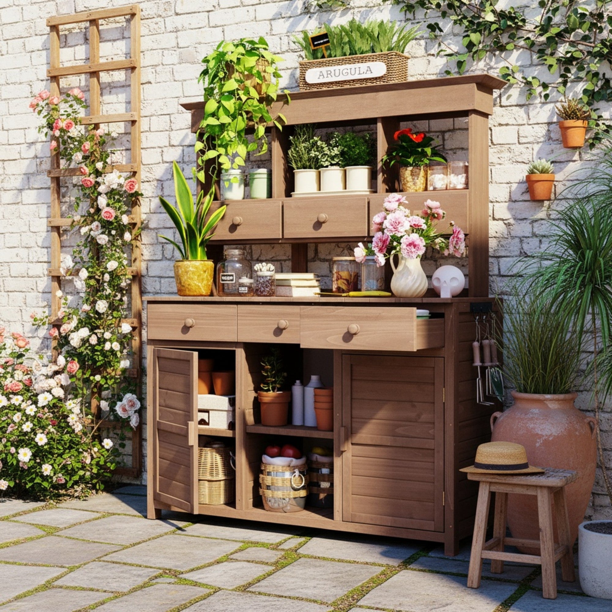 Sailvan 66" Wood Potting Bench Table with Hutch,Outdoor Kitchen Island Garden Workstation with 6 Drawers,2 Cabinets & Side Hooks Brown