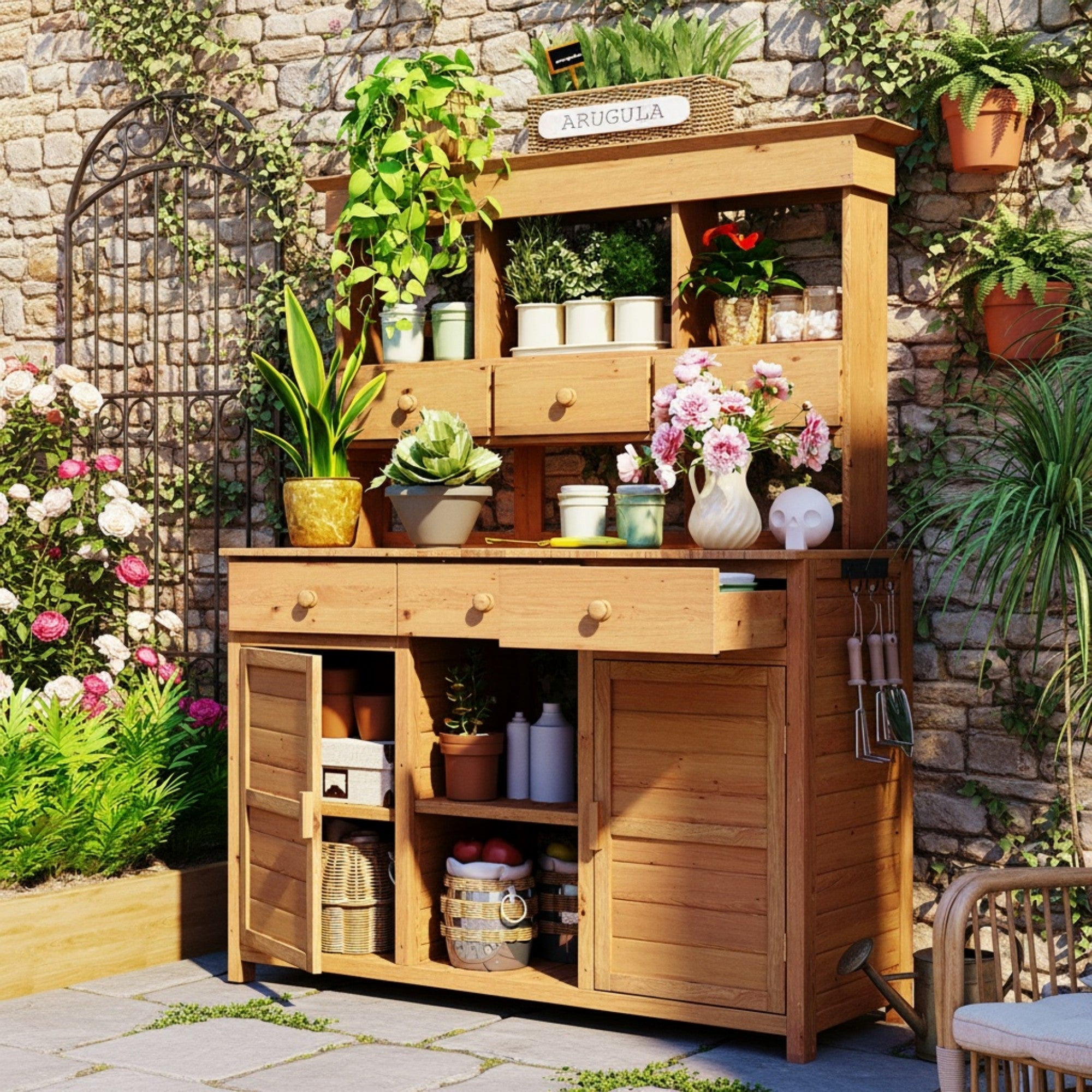 Sailvan 66" Wood Potting Bench Table with Hutch,Outdoor Kitchen Island Garden Workstation with 6 Drawers,2 Cabinets & Side Hooks Natural