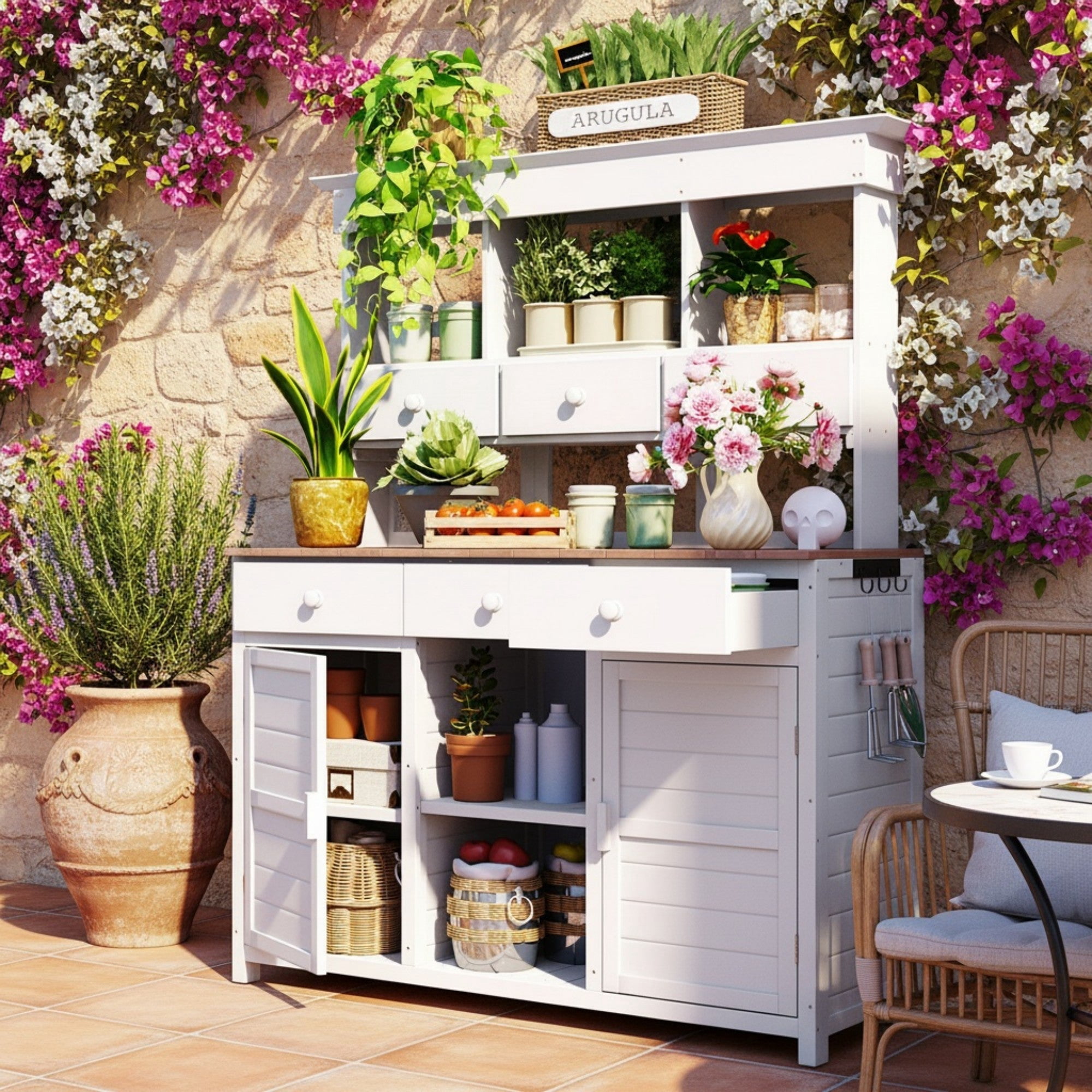 Sailvan 66" Wood Potting Bench Table with Hutch,Outdoor Kitchen Island Garden Workstation with 6 Drawers,2 Cabinets & Side Hooks White