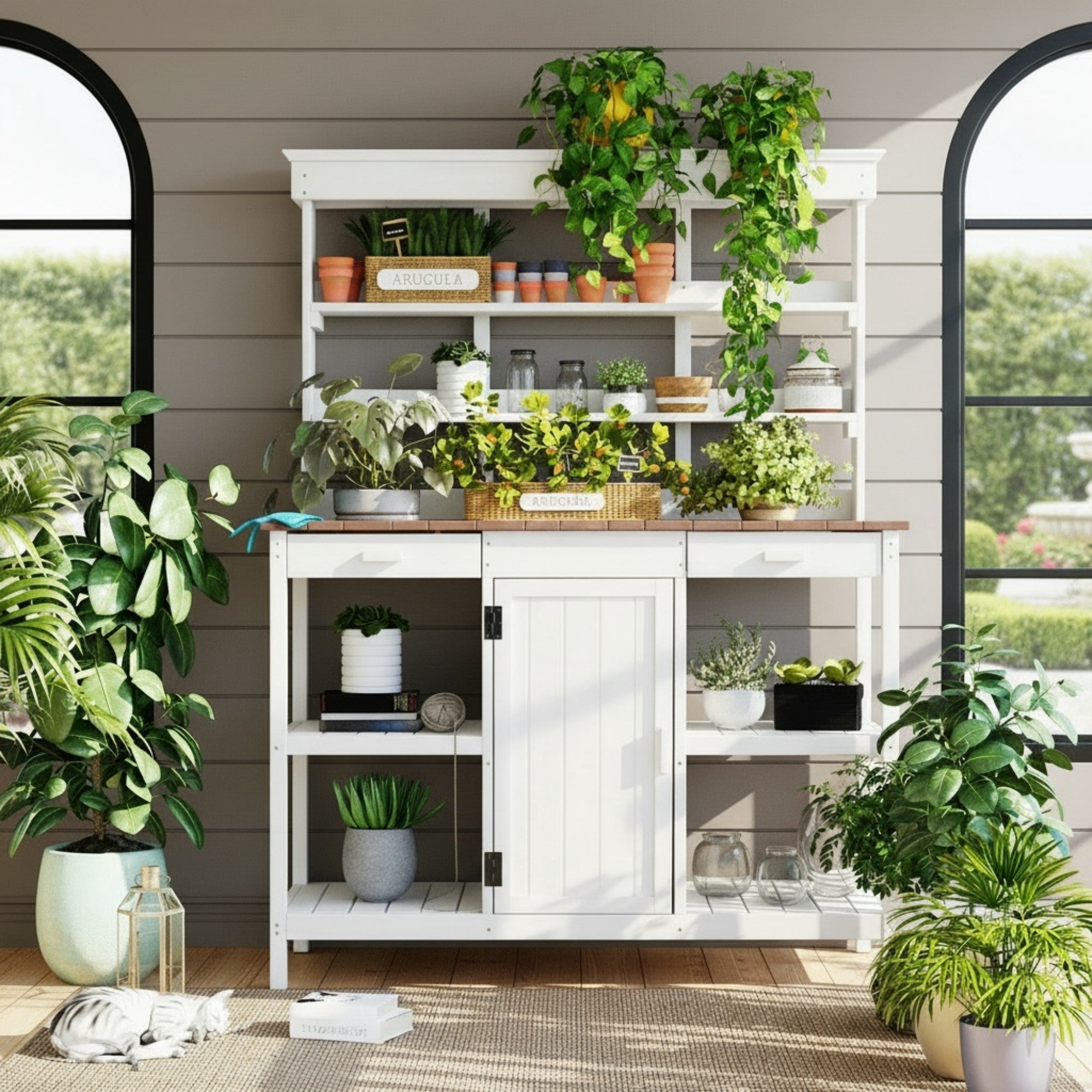 Sailvan 66 inch Farmhouse Wooden Potting Bench Table,Outdoor Garden Workstation with Storage Cabinet and Drawers for Patio Kitchen Island White
