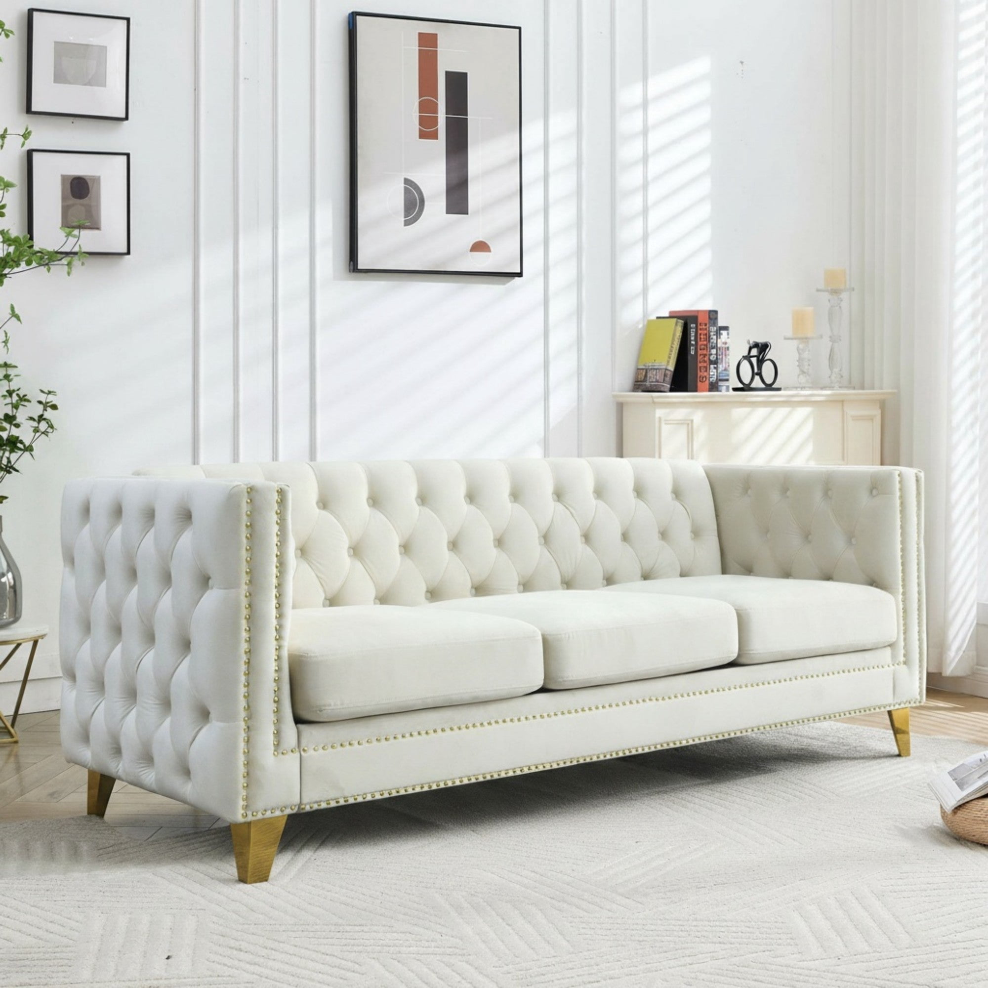 Sailvan 67" Modern Velvet Sofa, Button Tufted Chesterfield 3-Seater Couch with Nailhead Trim and Metal Legs for Living Room Beige