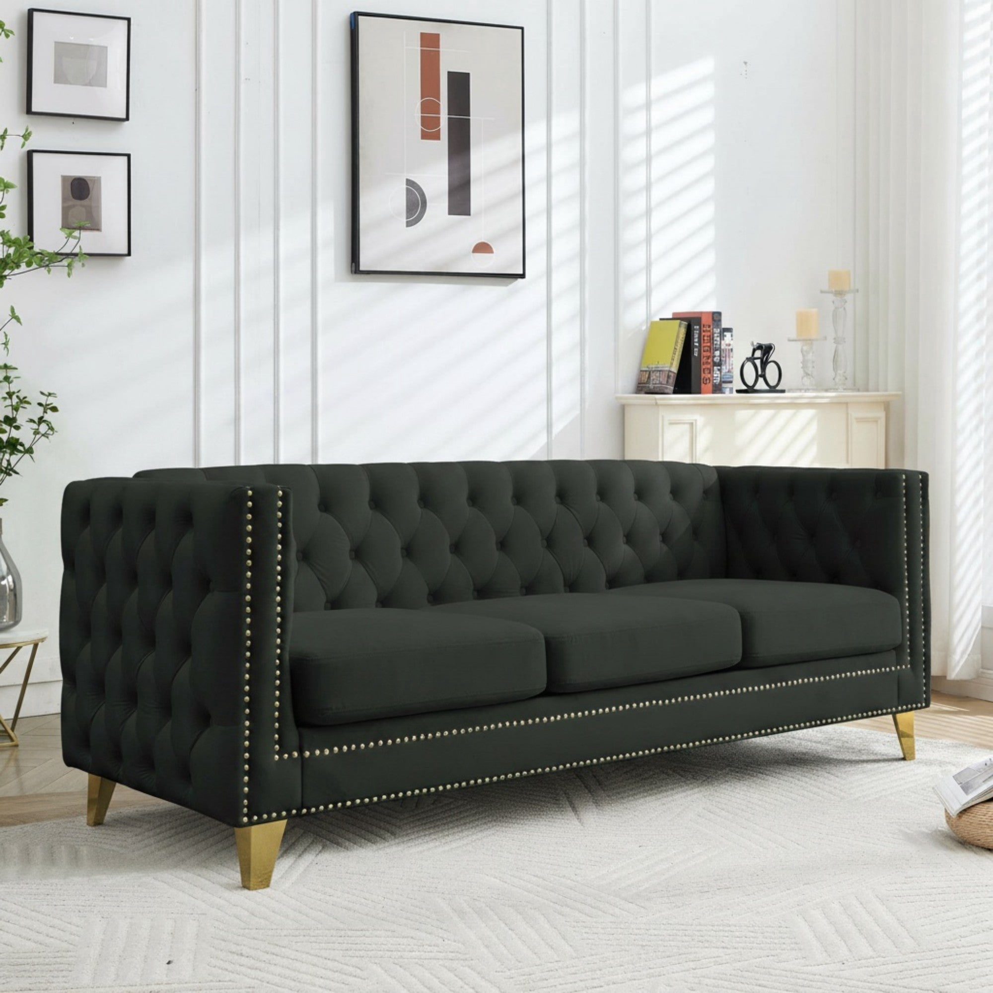 Sailvan 67" Modern Velvet Sofa, Button Tufted Chesterfield 3-Seater Couch with Nailhead Trim and Metal Legs for Living Room Black