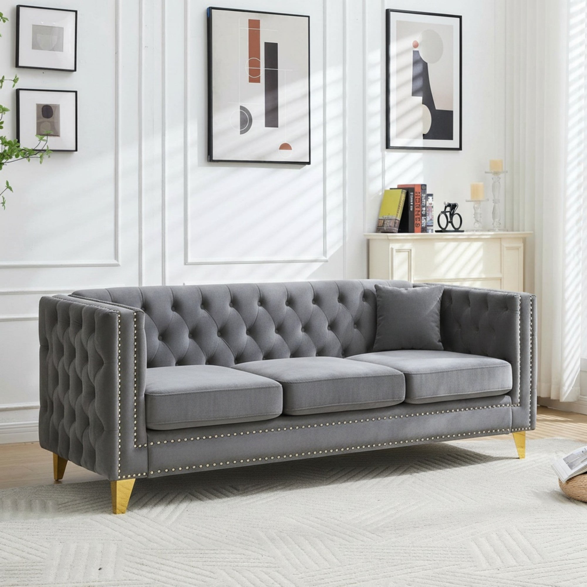 Sailvan 67" Modern Velvet Sofa, Button Tufted Chesterfield 3-Seater Couch with Nailhead Trim and Metal Legs for Living Room Gray