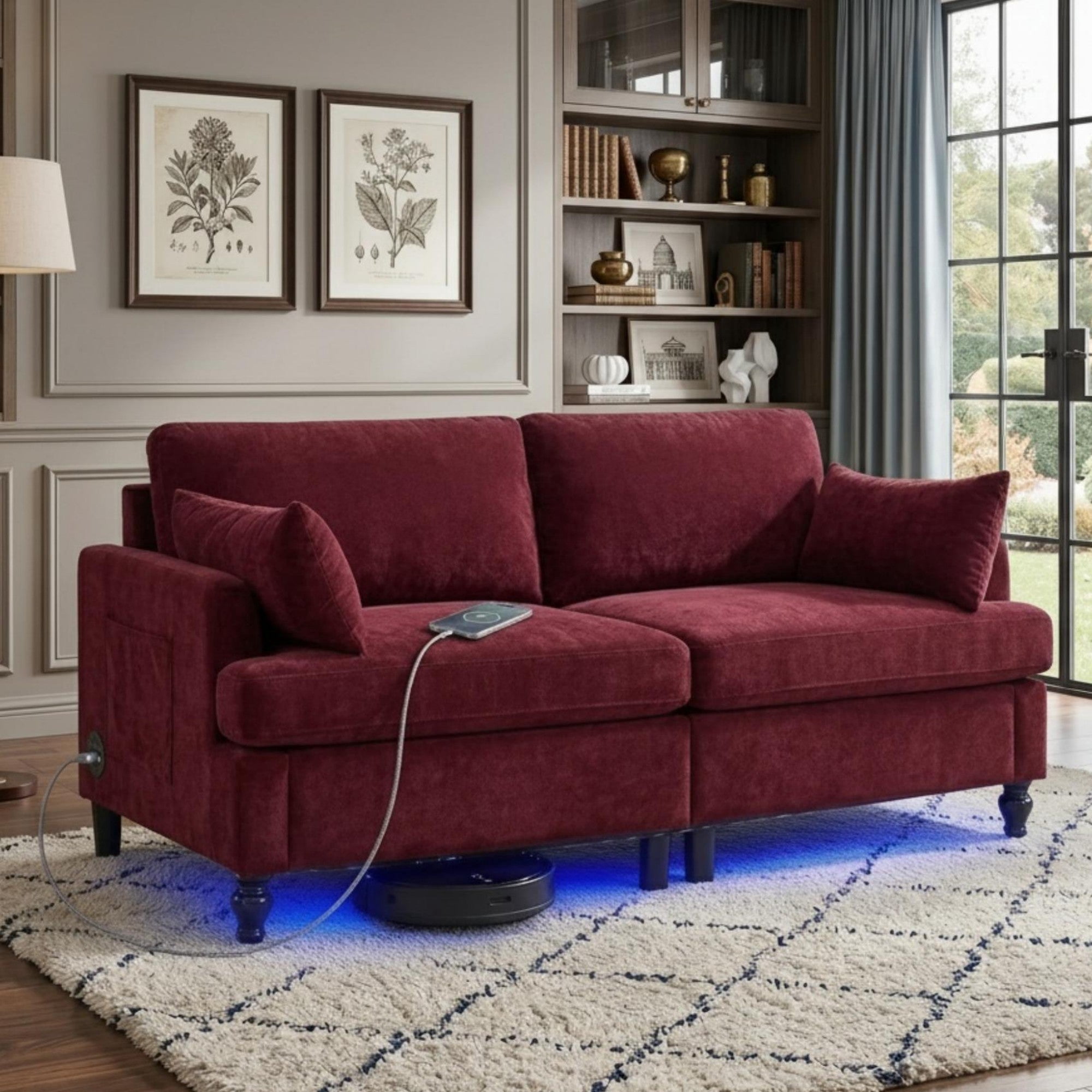Sailvan 68.9" Modern Loveseat Sofa,Comfy Chenille 2-Seat Couch with LED Lights & USB Ports,Small Cloud Couch for Living Room,Apartment,Red