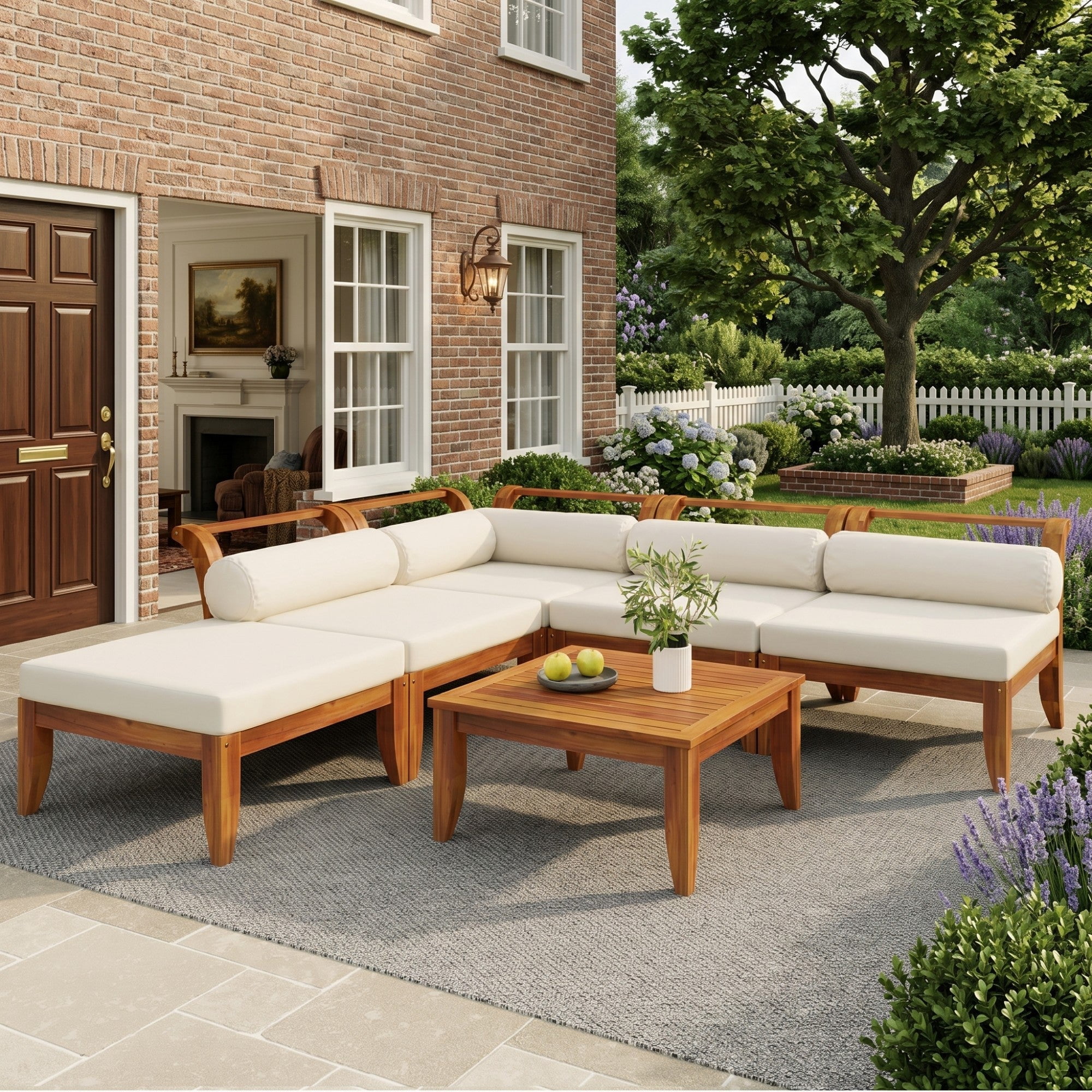 Sailvan 6pc Outdoor Patio Sectional Furniture Set,Acacia Wood L-Shaped Conversation Sofa with Ottoman & Tea Table,Weather Resistant,Teak/Beige