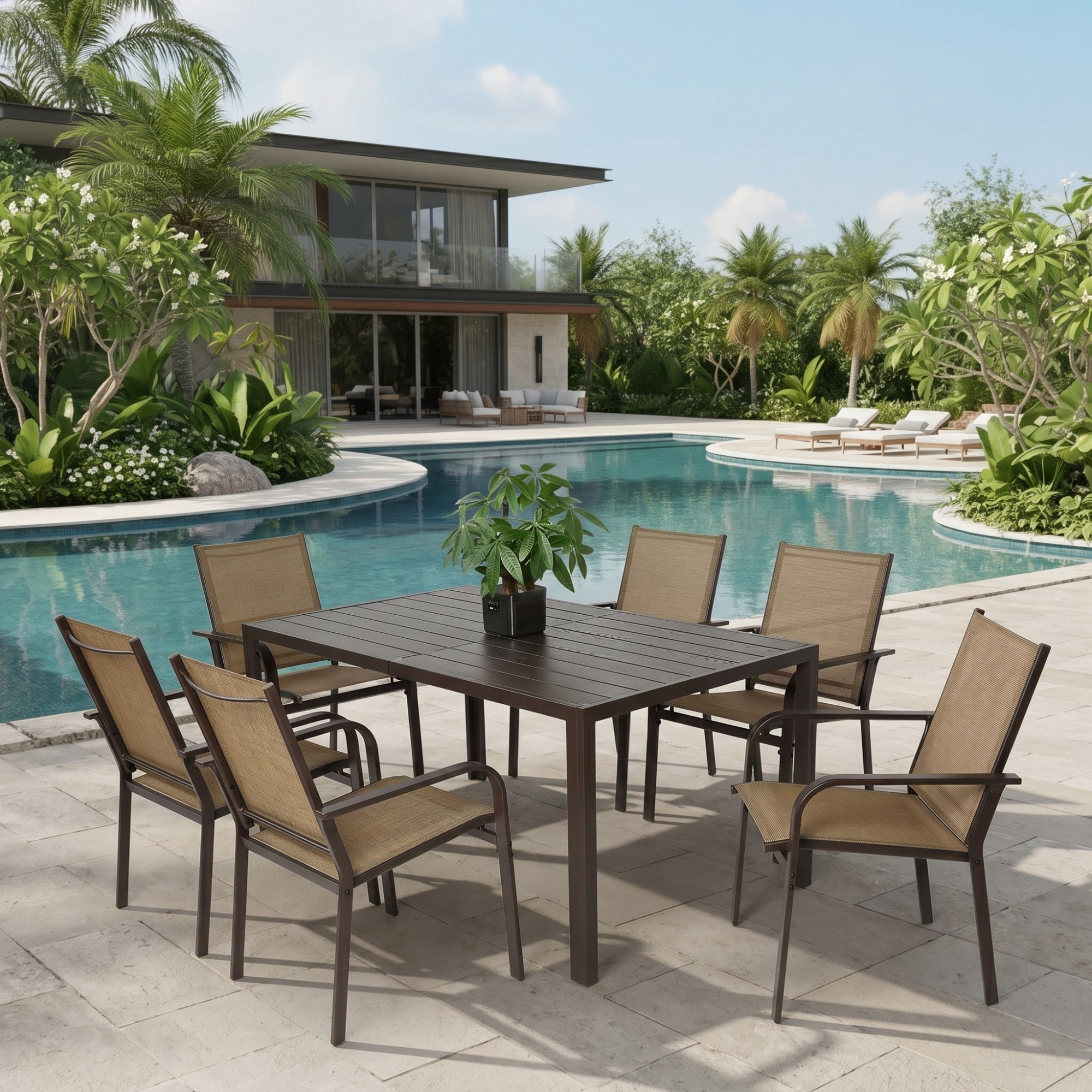 Sailvan 7 Piece Wicker Outdoor Table and 2 Swivel Chairs,4 Chair,Patio Dining Set with Square Steel Table and Umbrella Hole,Brown