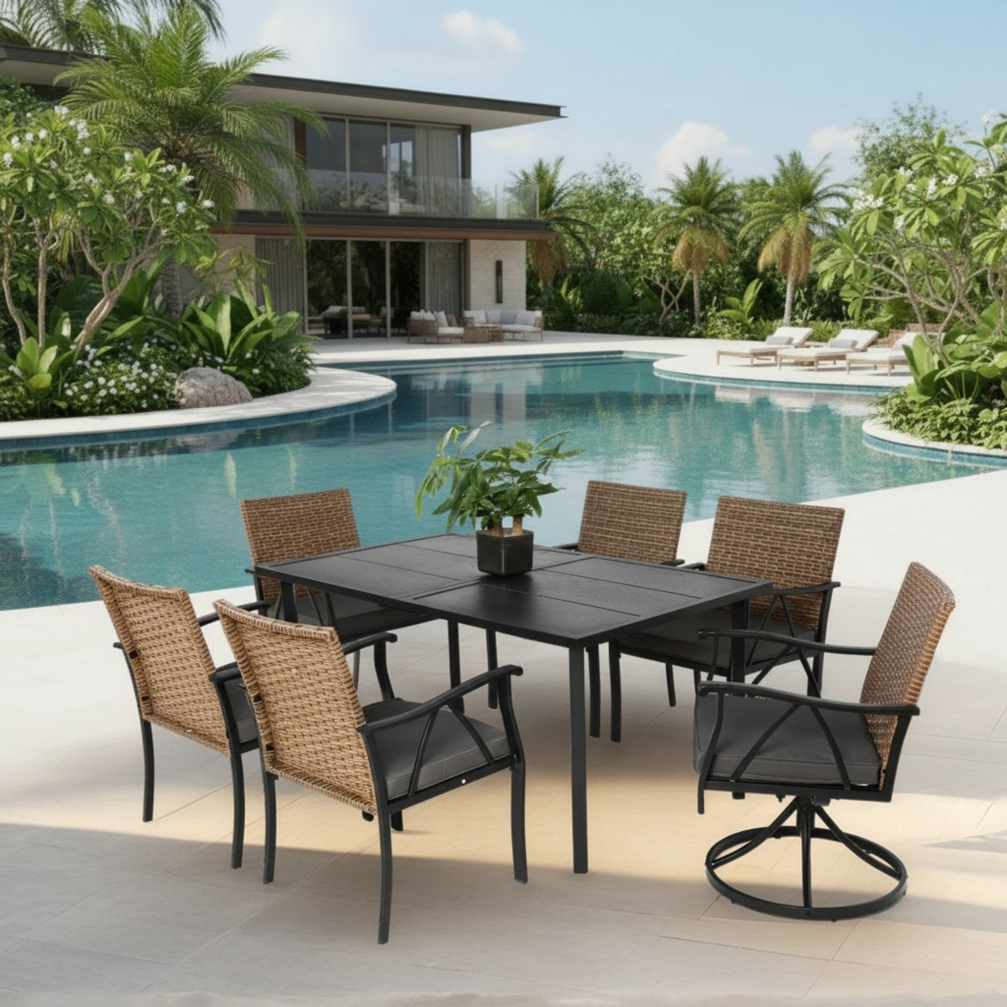 Sailvan 7 Piece Wicker Outdoor Table and Chairs,Patio Dining Set with Square Steel Table and Umbrella Hole,Brown