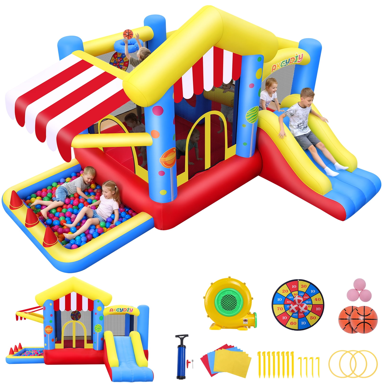 Sailvan 7-in-1 Kids Inflatable Bounce House with Ball Pit & Basketball Hoop, Obstacle Course Jumping Castle with Sun Canopy, Includes Blower, Perfect for Backyard Birthday Parties Ages 3-12
