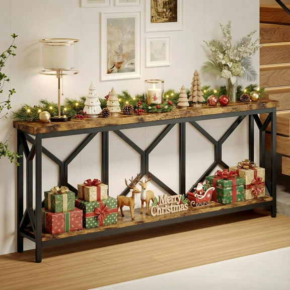 Sailvan 70.9" Console Table, Farmhouse Wooden Entryway Table Entryway Table with Storage, Sofa Table Behind the Couch for Hallway, Entryway, Living Room, Foyer, Rustic Brown and Black