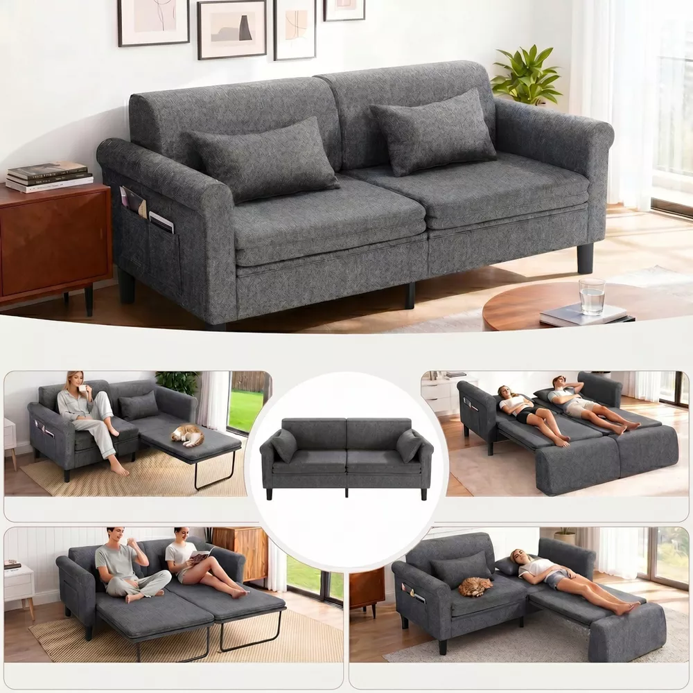 Sailvan 74" 5-in-1 Convertible Sofa Bed, Pull Out Sleeper Couch with Storage & 2 Pillows, Luxury Linen Loveseat for Studios