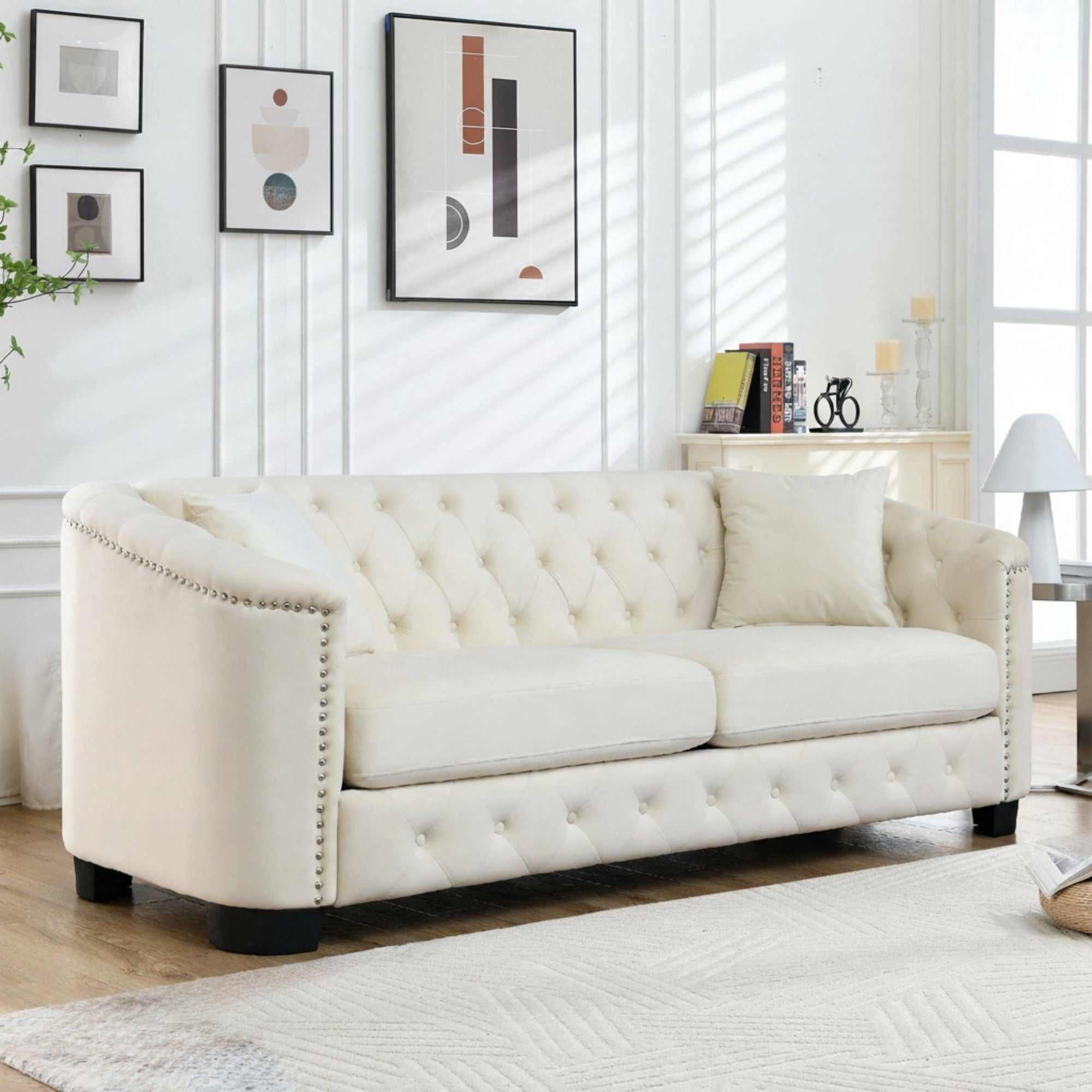 Sailvan 77" Modern Chesterfield Velvet Sofa, 3-Seater Tufted Upholstered Couch with Nailhead Trim & 2 Pillows for Living Room, Office Beige