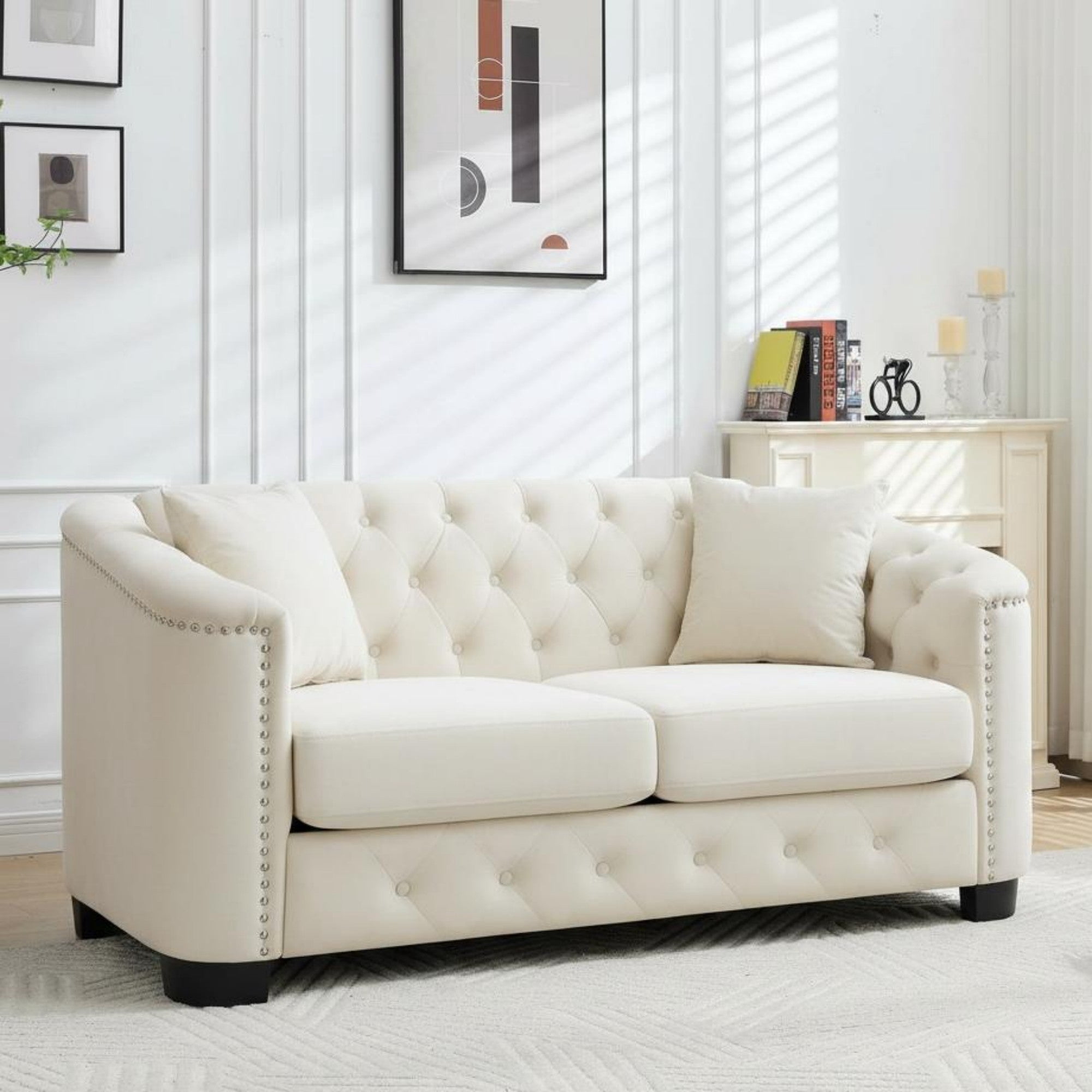 Sailvan 77" Modern Chesterfield Velvet Sofa, 3-Seater Tufted Upholstered Couch with Nailhead Trim & 2 Pillows for Living Room, Office Beige