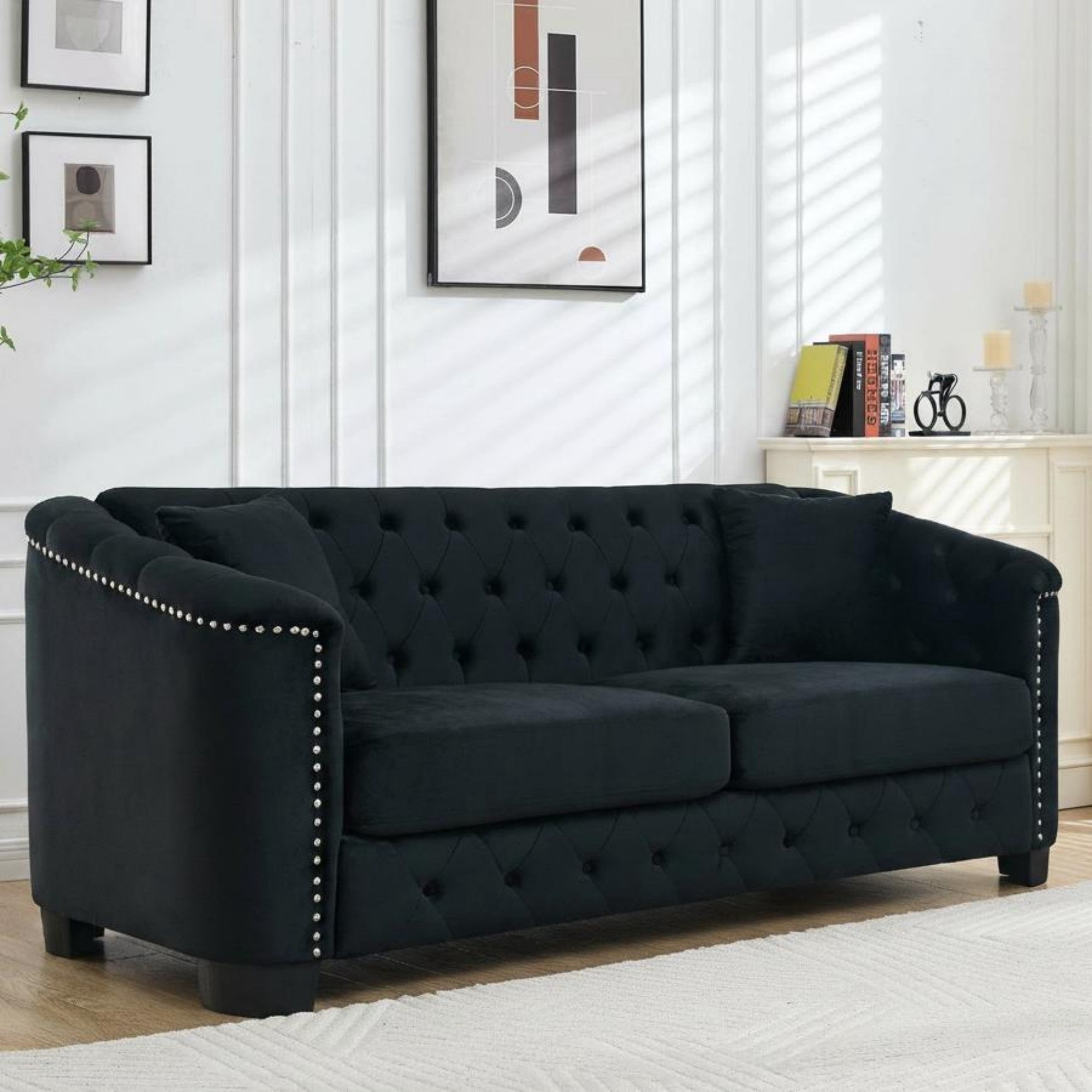 Sailvan 77" Modern Chesterfield Velvet Sofa, 3-Seater Tufted Upholstered Couch with Nailhead Trim & 2 Pillows for Living Room, Office Black