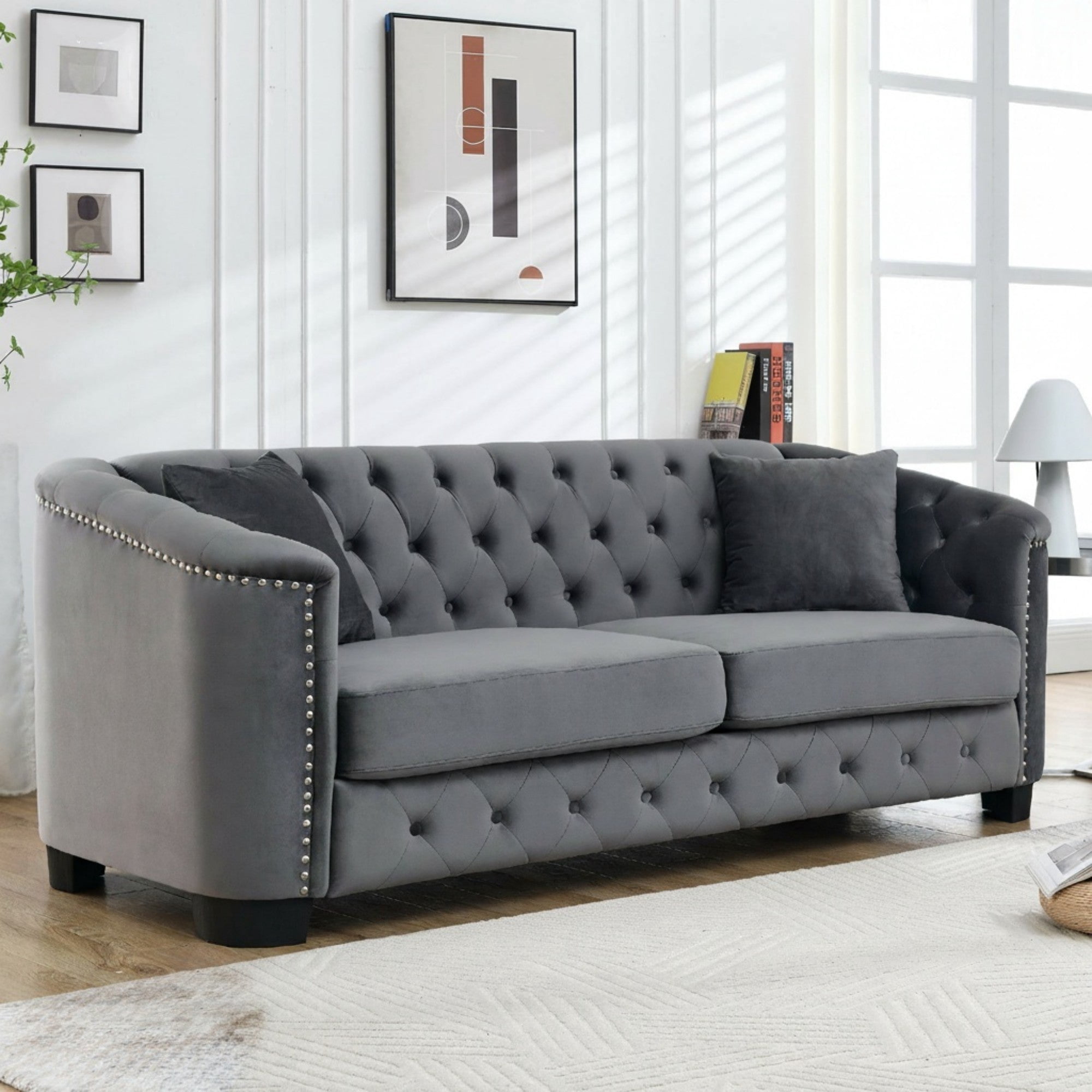 Sailvan 77" Modern Chesterfield Velvet Sofa, 3-Seater Tufted Upholstered Couch with Nailhead Trim & 2 Pillows for Living Room, Office Grey