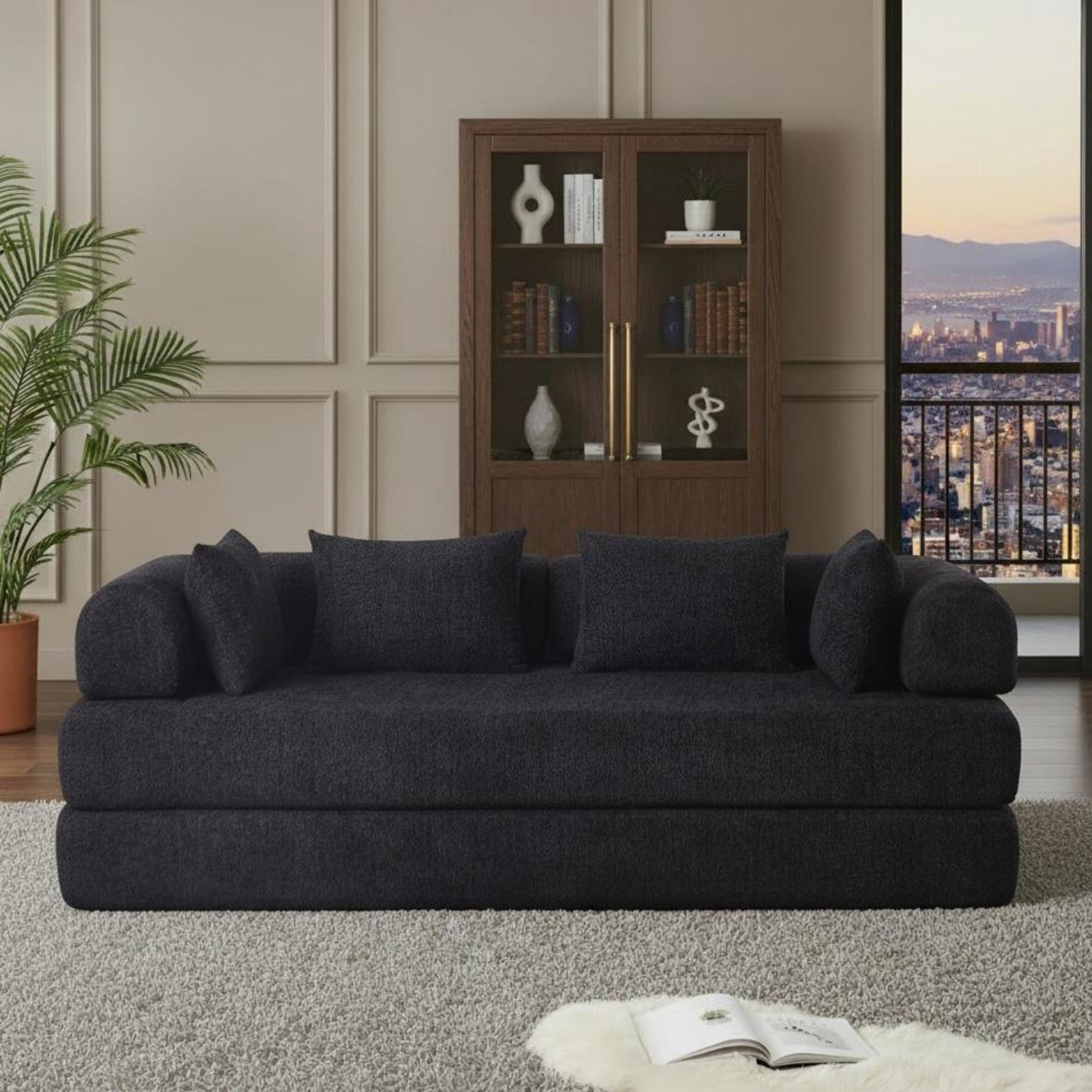 Sailvan 78.9" Convertible Sleeper Sofa, Modular Chenille Folding Mattress Sofa Bed with 4 Pillows, No Assembly Floor Lounge for Living Room Black