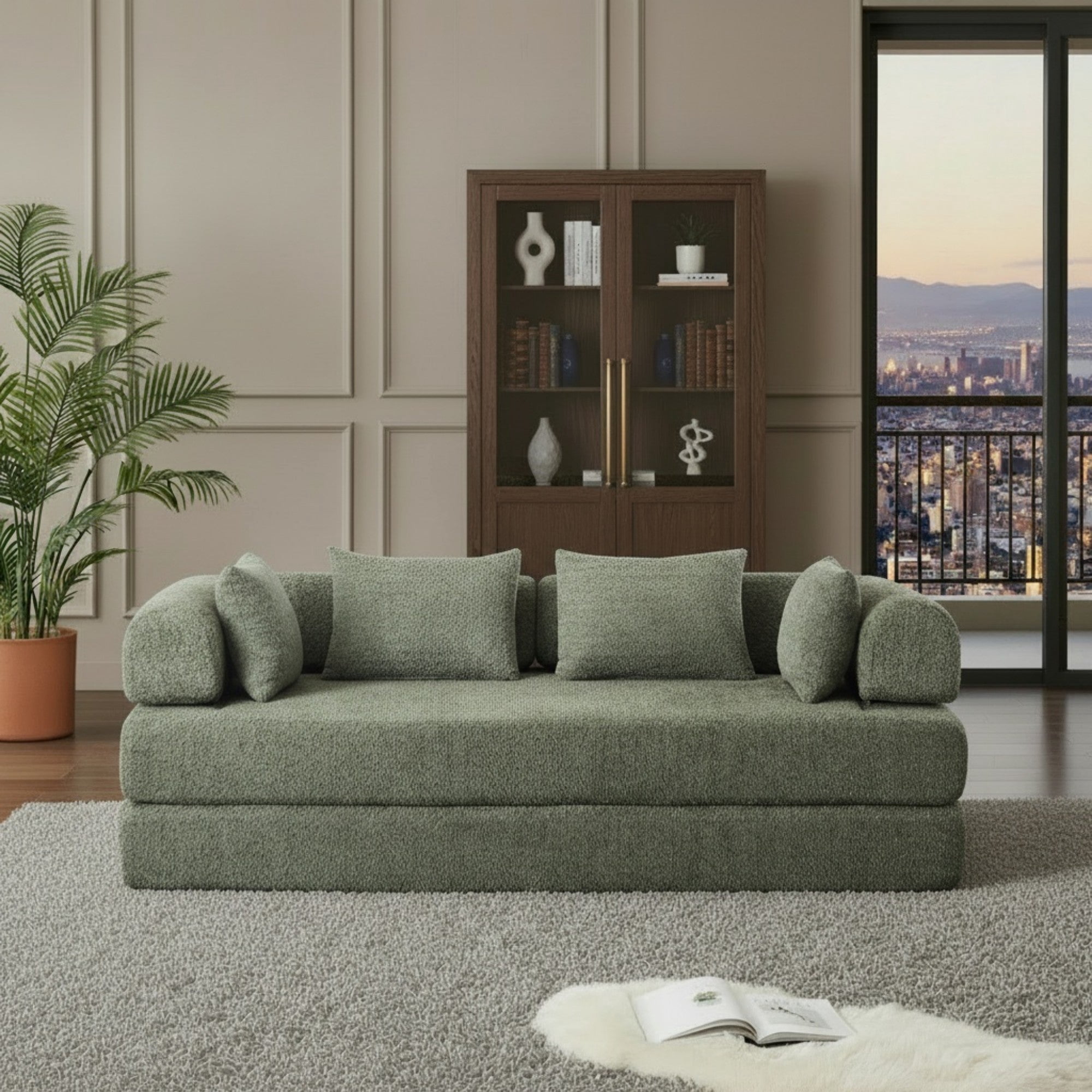Sailvan 78.9" Convertible Sleeper Sofa, Modular Chenille Folding Mattress Sofa Bed with 4 Pillows, No Assembly Floor Lounge for Living Room Green