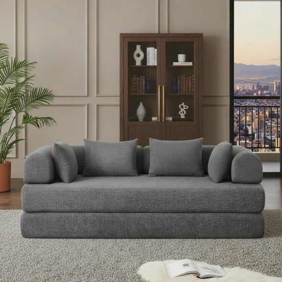 Sailvan 78.9" Convertible Sleeper Sofa, Modular Chenille Folding Mattress Sofa Bed with 4 Pillows, No Assembly Floor Lounge for Living Room Grey