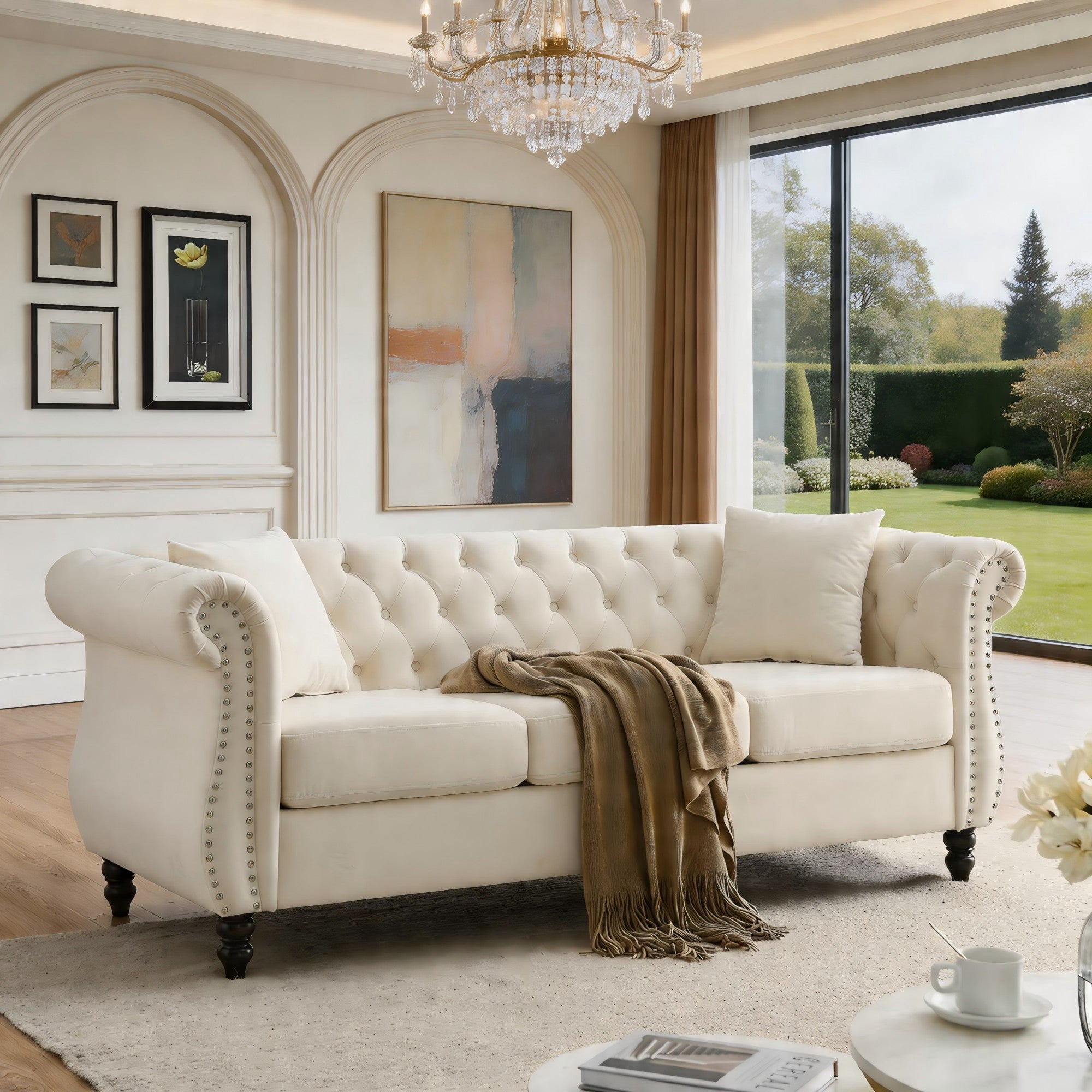 Sailvan 80" Chesterfield Velvet Sofa, 3 Seater Tufted Couch with Nailhead Trim and Rolled Arms Beige