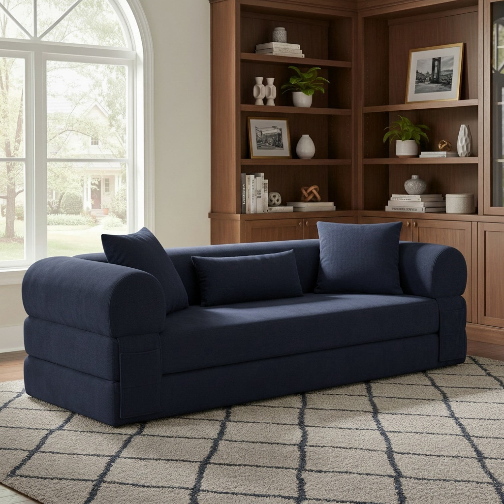 Sailvan 80 Inch Convertible Sofa Bed Queen Size Corduroy Sleeper Couch Boneless Floor Sofa with Storage Pockets No Assembly Couch in a Box Dark Blue