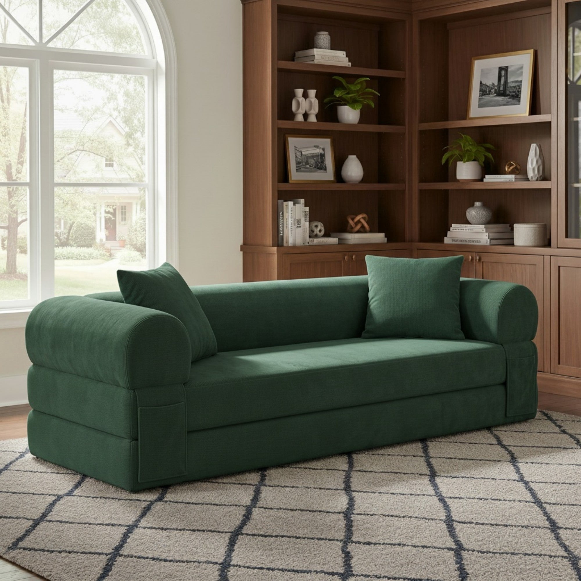 Sailvan 80 Inch Convertible Sofa Bed Queen Size Corduroy Sleeper Couch Boneless Floor Sofa with Storage Pockets No Assembly Couch in a Box Dark Green