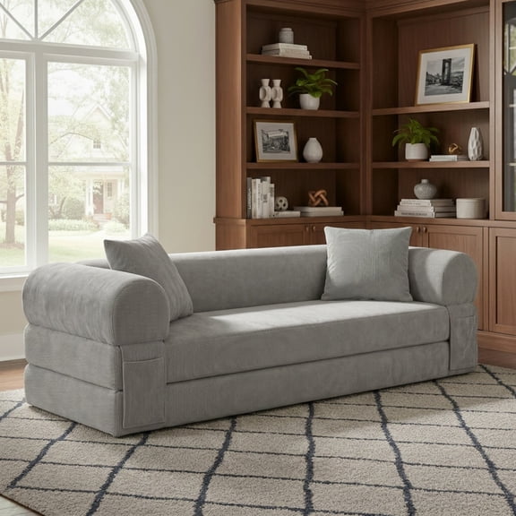 Sailvan 80 Inch Convertible Sofa Bed Queen Size Corduroy Sleeper Couch Boneless Floor Sofa with Storage Pockets No Assembly Couch in a Box Light Gray