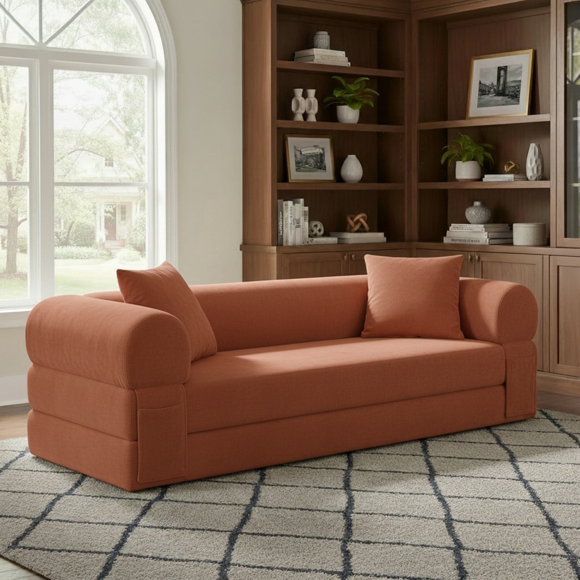 Sailvan 80 Inch Convertible Sofa Bed Queen Size Corduroy Sleeper Couch Boneless Floor Sofa with Storage Pockets No Assembly Couch in a Box Orange