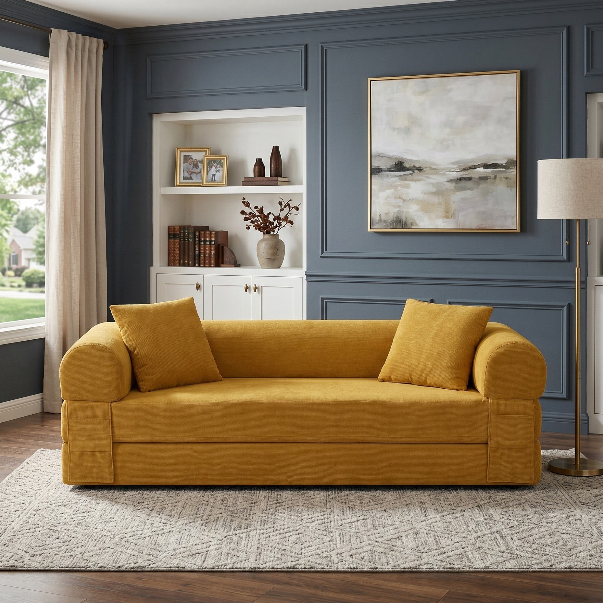 Sailvan 80 Inch Convertible Sofa Bed Queen Size Corduroy Sleeper Couch Boneless Floor Sofa with Storage Pockets No Assembly Couch in a Box Yellow