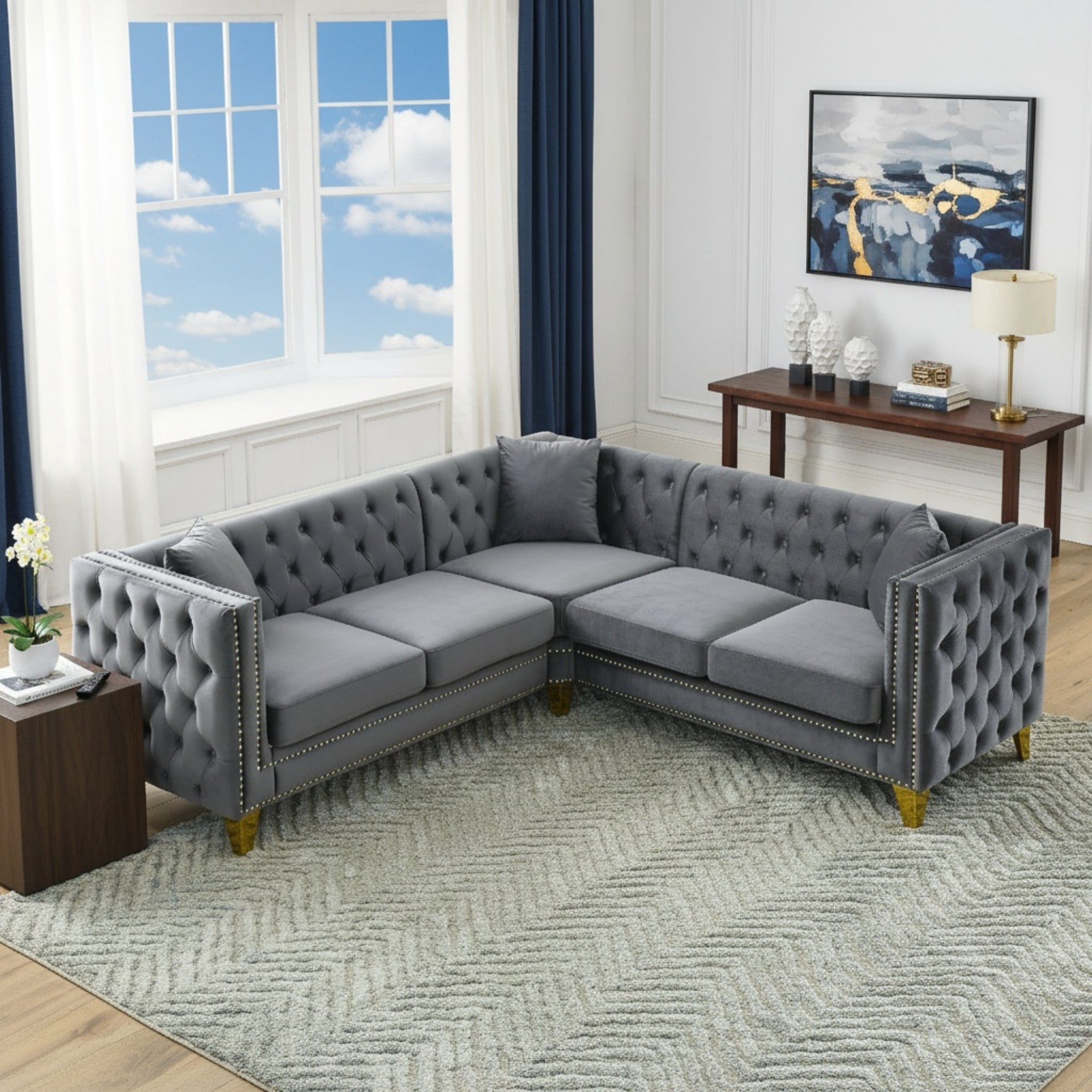 Sailvan 82.2" Velvet L-Shaped Sectional Sofa, Classic Chesterfield Corner Couch with Nailhead Trim and Button Tufting for Living Room, Beige Gray