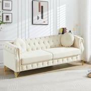 Sailvan 82" Velvet Chesterfield Sofa, Tufted 3-Seater Couch with Gold Metal Legs & Copper Studs, Luxury Living Room Furniture Beige